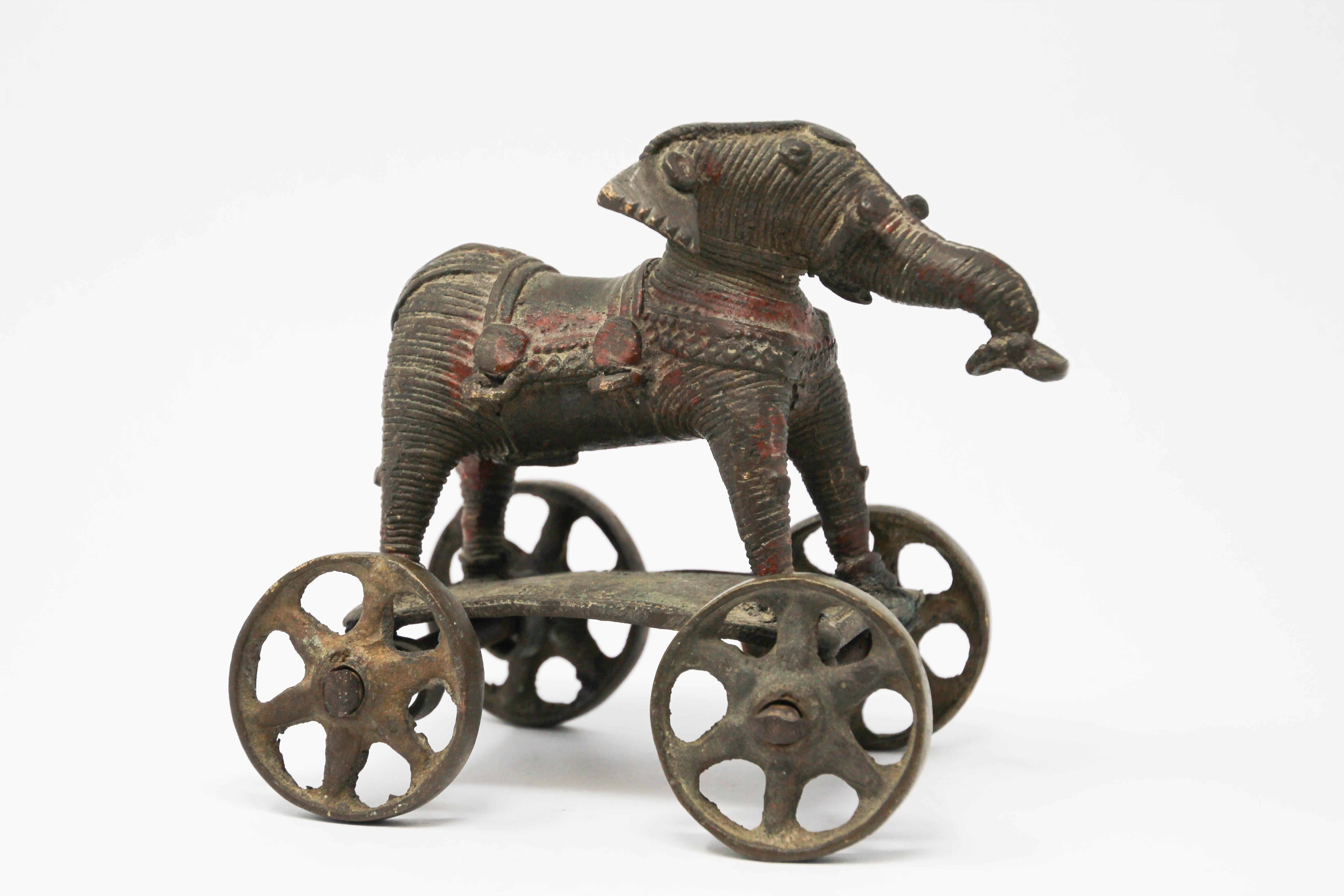 Indian Antique Elephant Toy Cast Bronze on Wheels, India