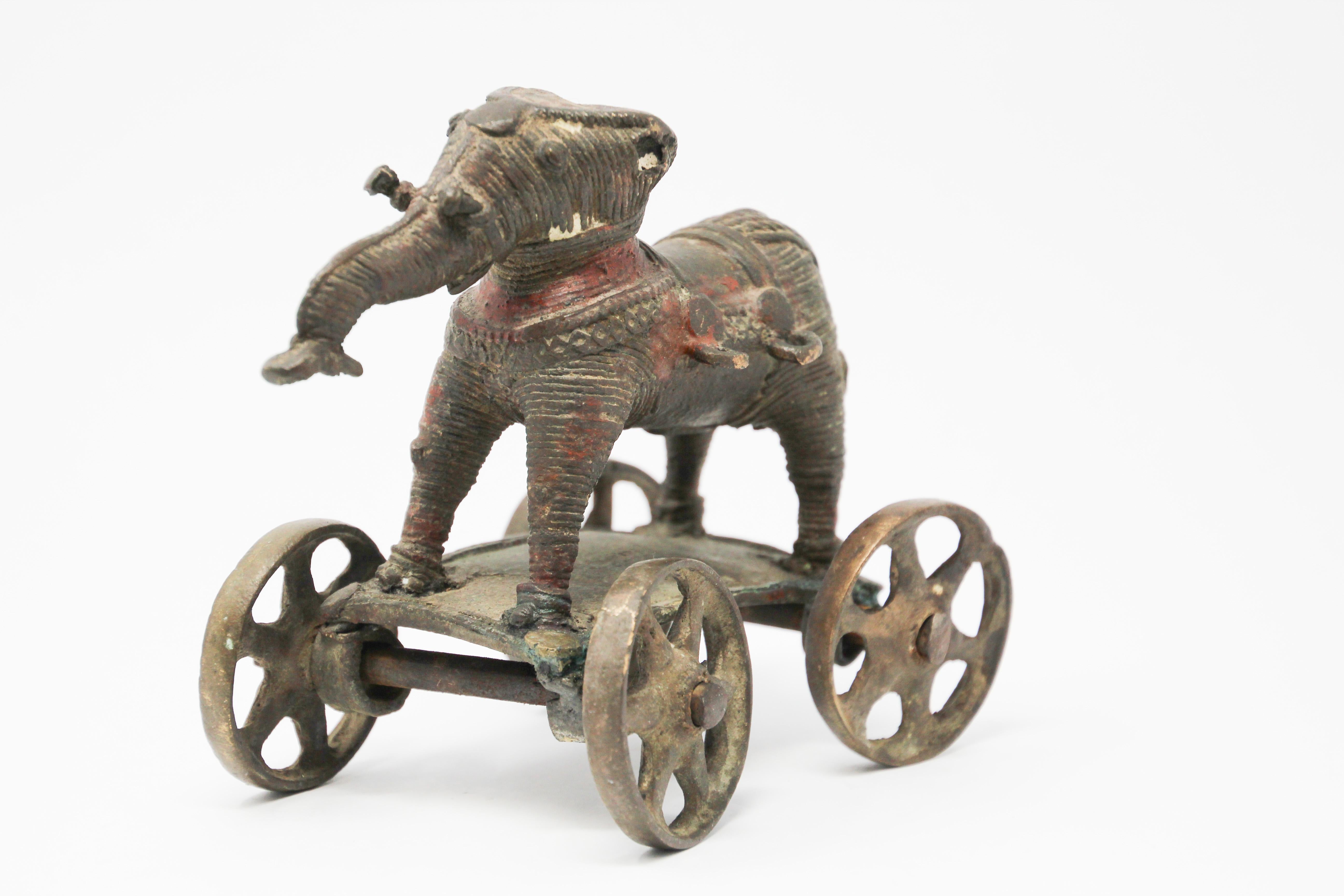Antique Elephant Toy Cast Bronze on Wheels, India In Fair Condition In North Hollywood, CA