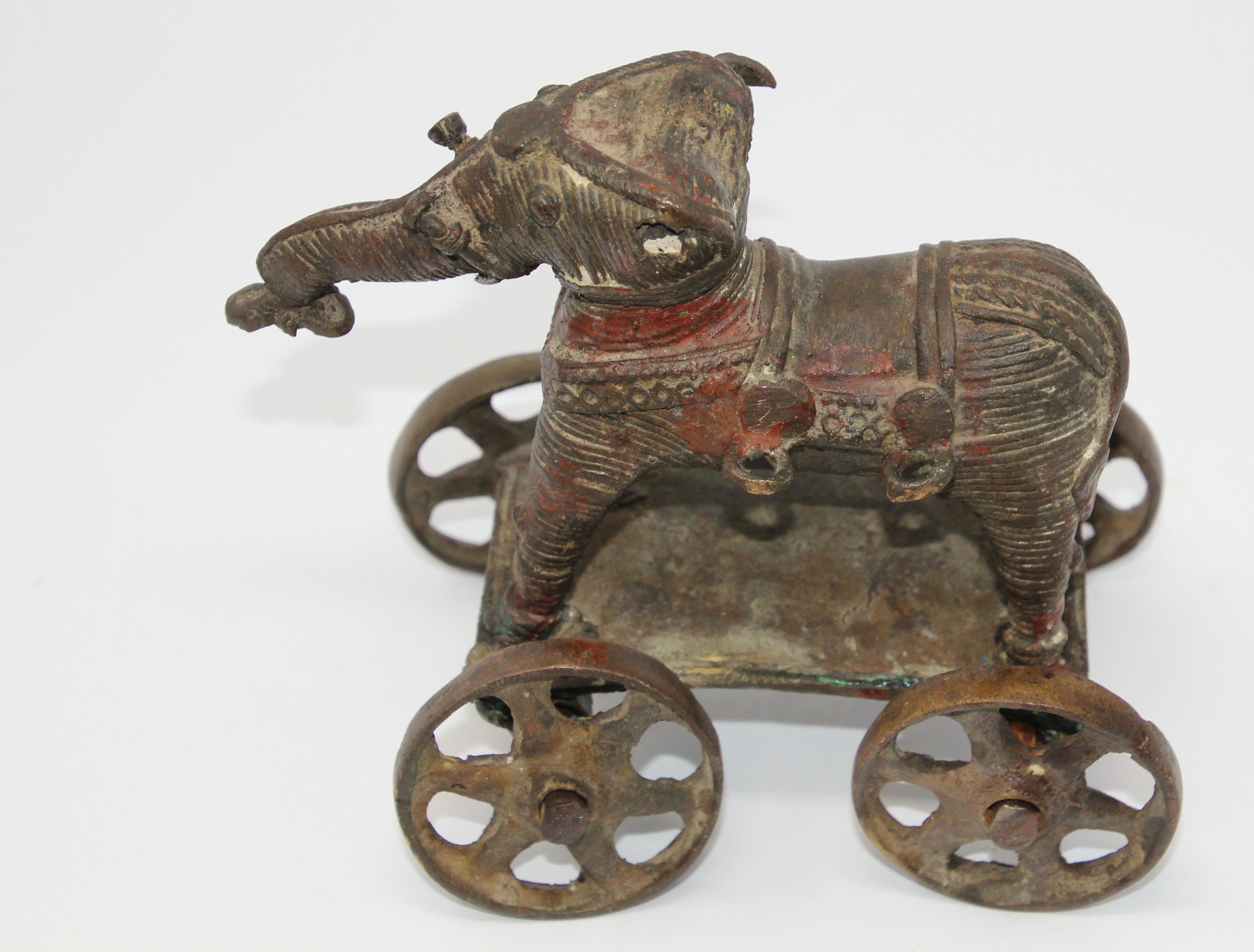 Antique Elephant Toy Cast Bronze on Wheels, India 1