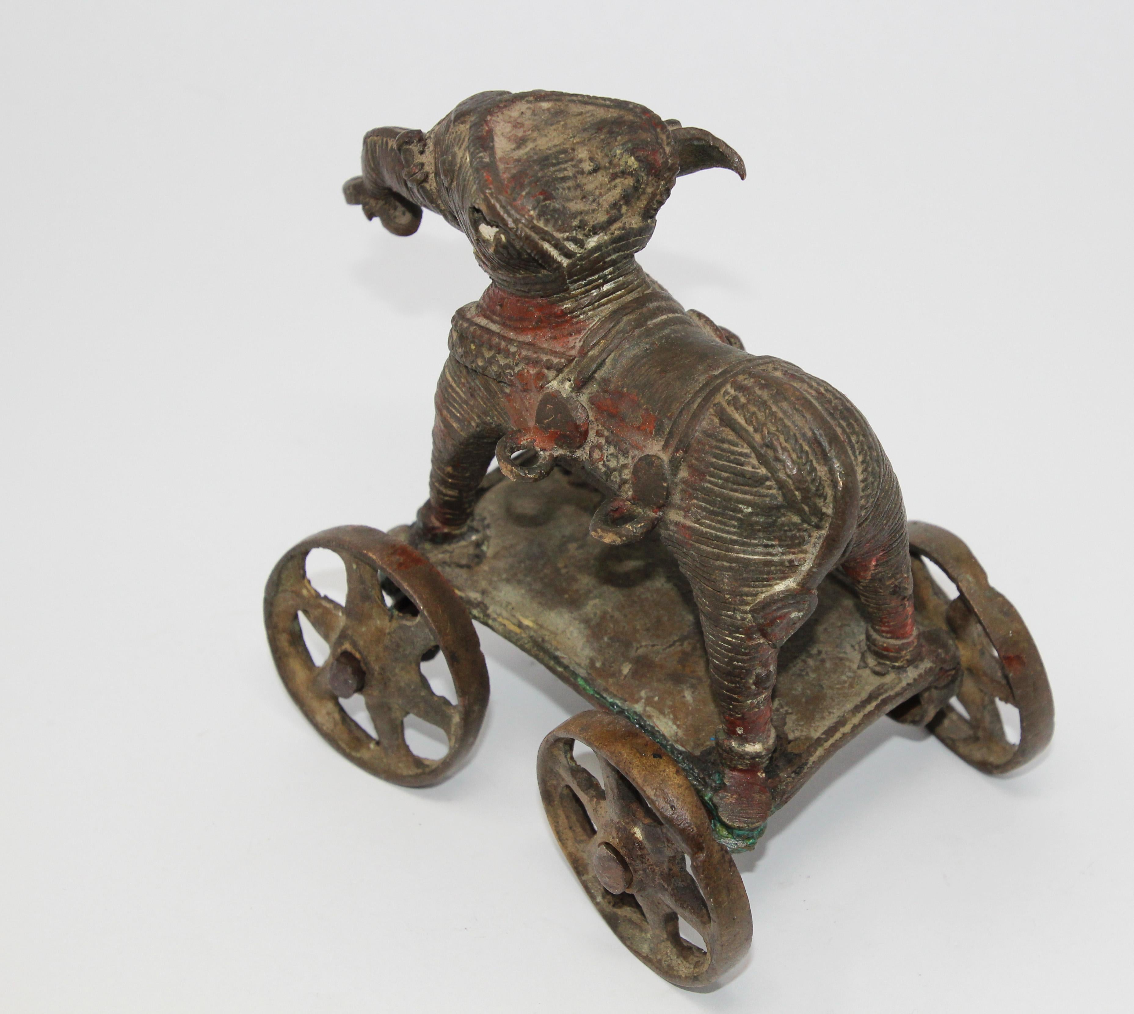 Antique Elephant Toy Cast Bronze on Wheels, India 2
