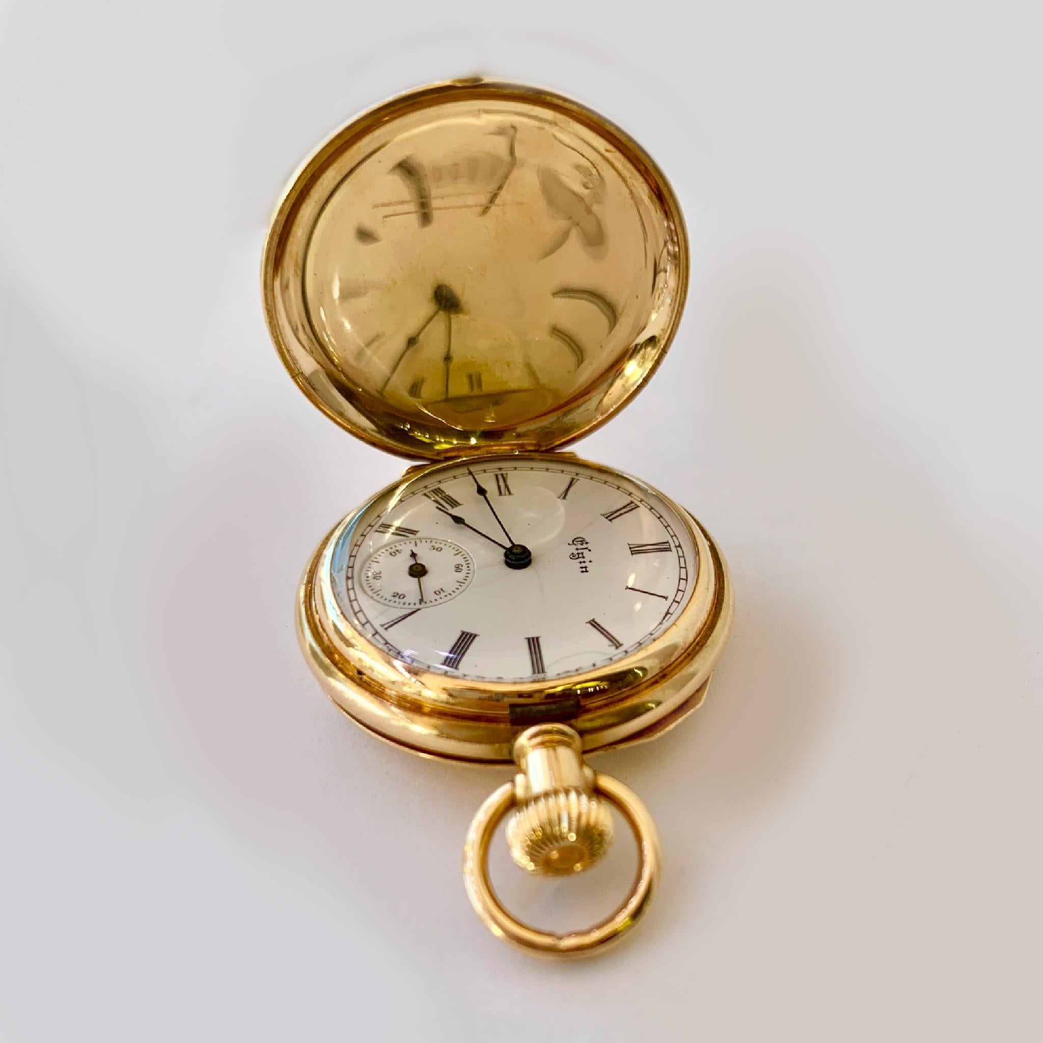 Rose Cut Antique Elgin 14 Karat Gold and Diamond Pocket Watch For Sale