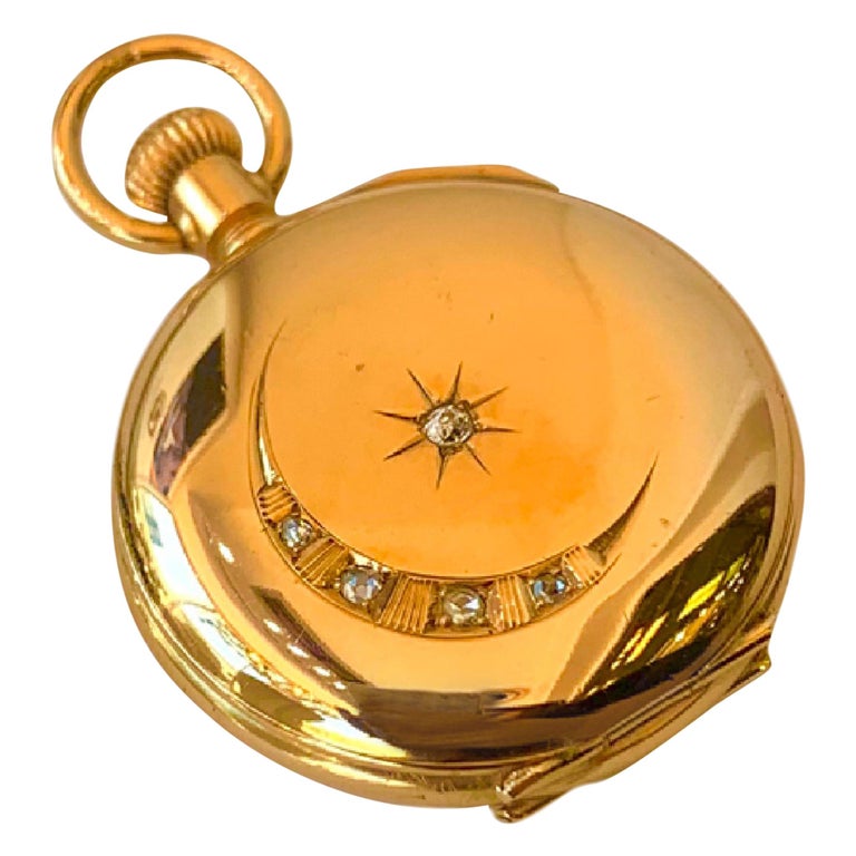 Antique Elgin 14 Karat Gold and Diamond Pocket Watch For Sale at