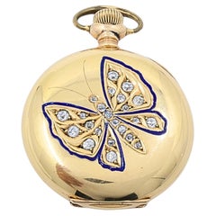 Antique Elgin 14K Gold Keystone Hunter Case Pocket Watch Diamond Butterfly