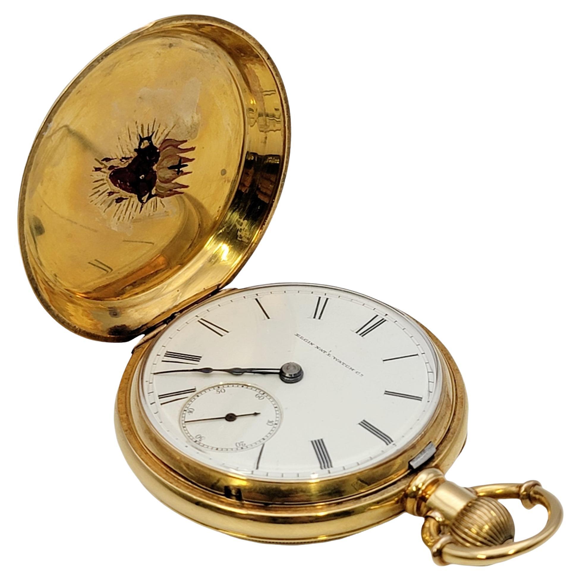 Women's or Men's Antique Elgin 18 Karat Yellow Gold Pocket Watch with Hunter Case Circa 1881
