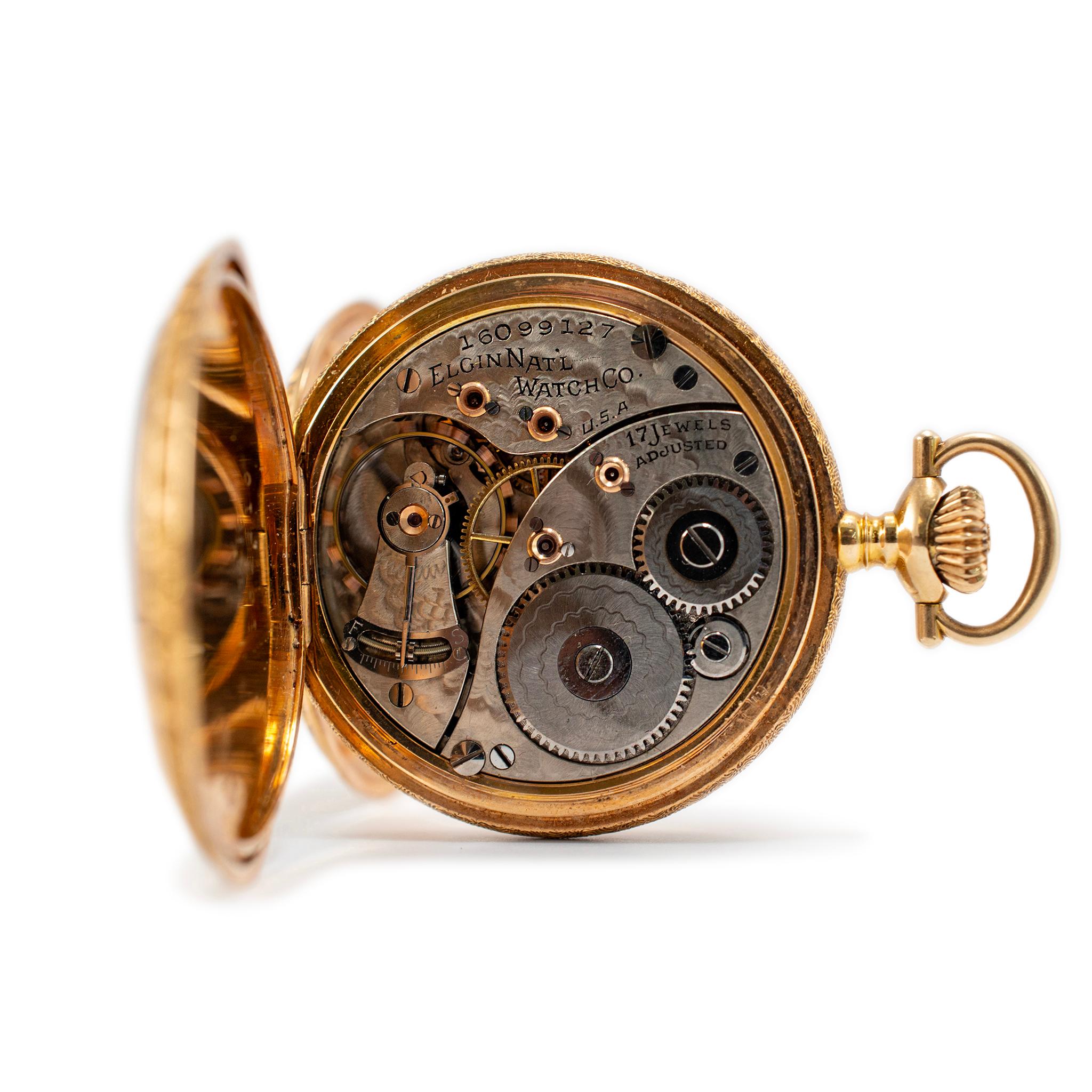 Antike Elgin 35MM 14K Gelbgold Jagdgehäuse-Taschenuhr im Zustand „Hervorragend“ in Houston, TX