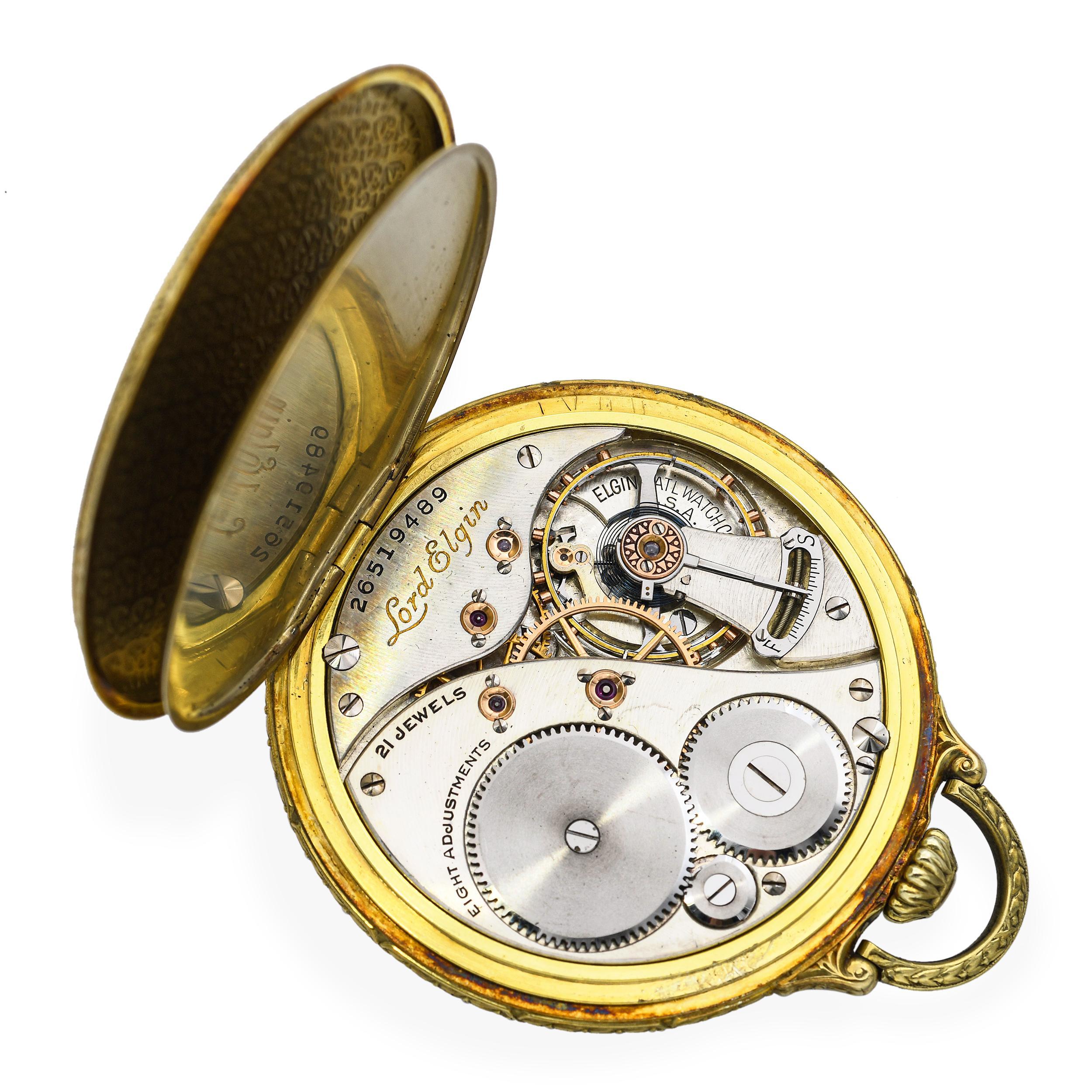 Montre de poche ancienne Lord Elgin Grade 450 Or jaune 14k 21 Jewell Taille 12 en vente 3