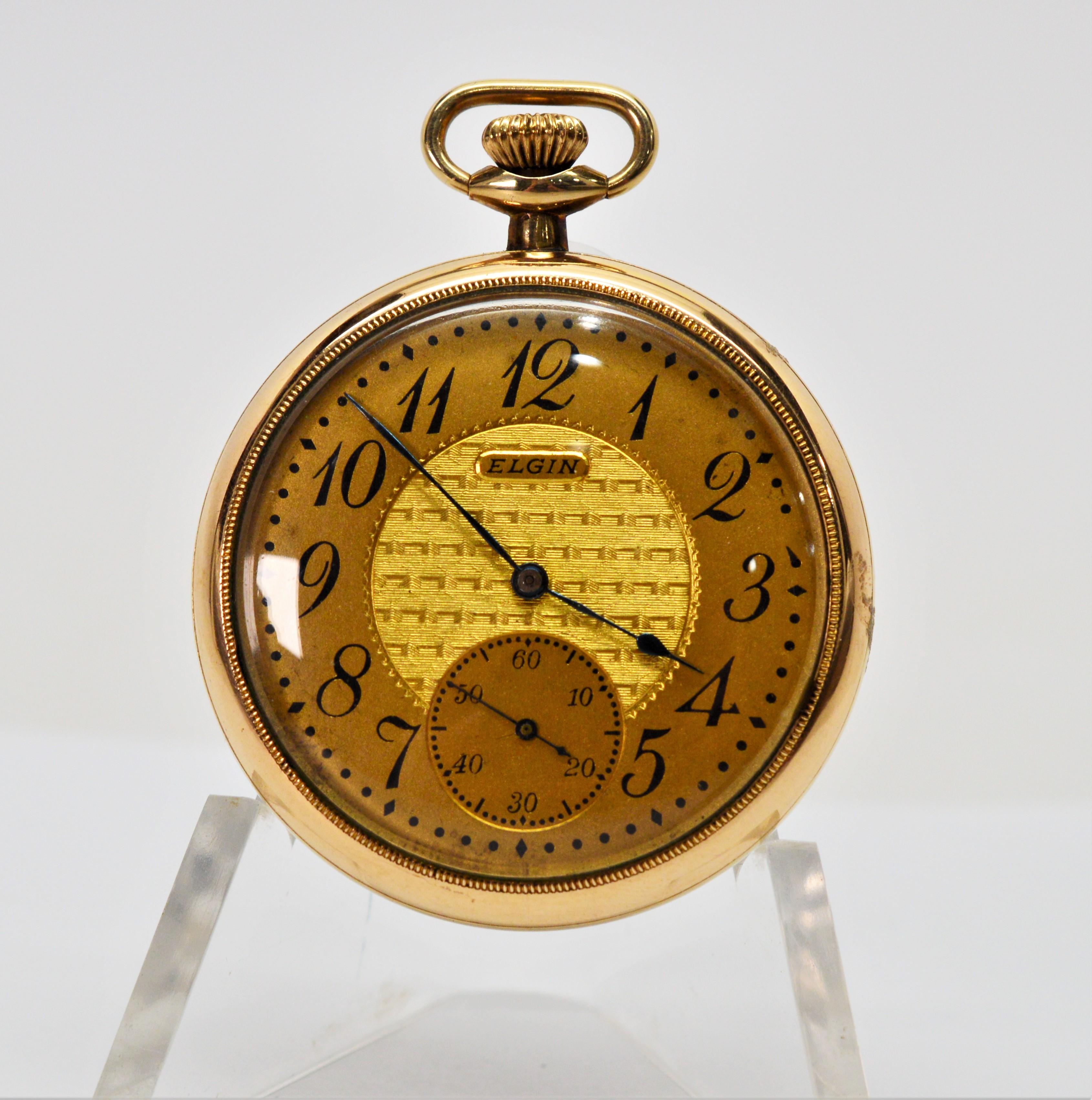 Antique Elgin Men's Pocket Watch with Skeleton Display Back In Good Condition In Mount Kisco, NY