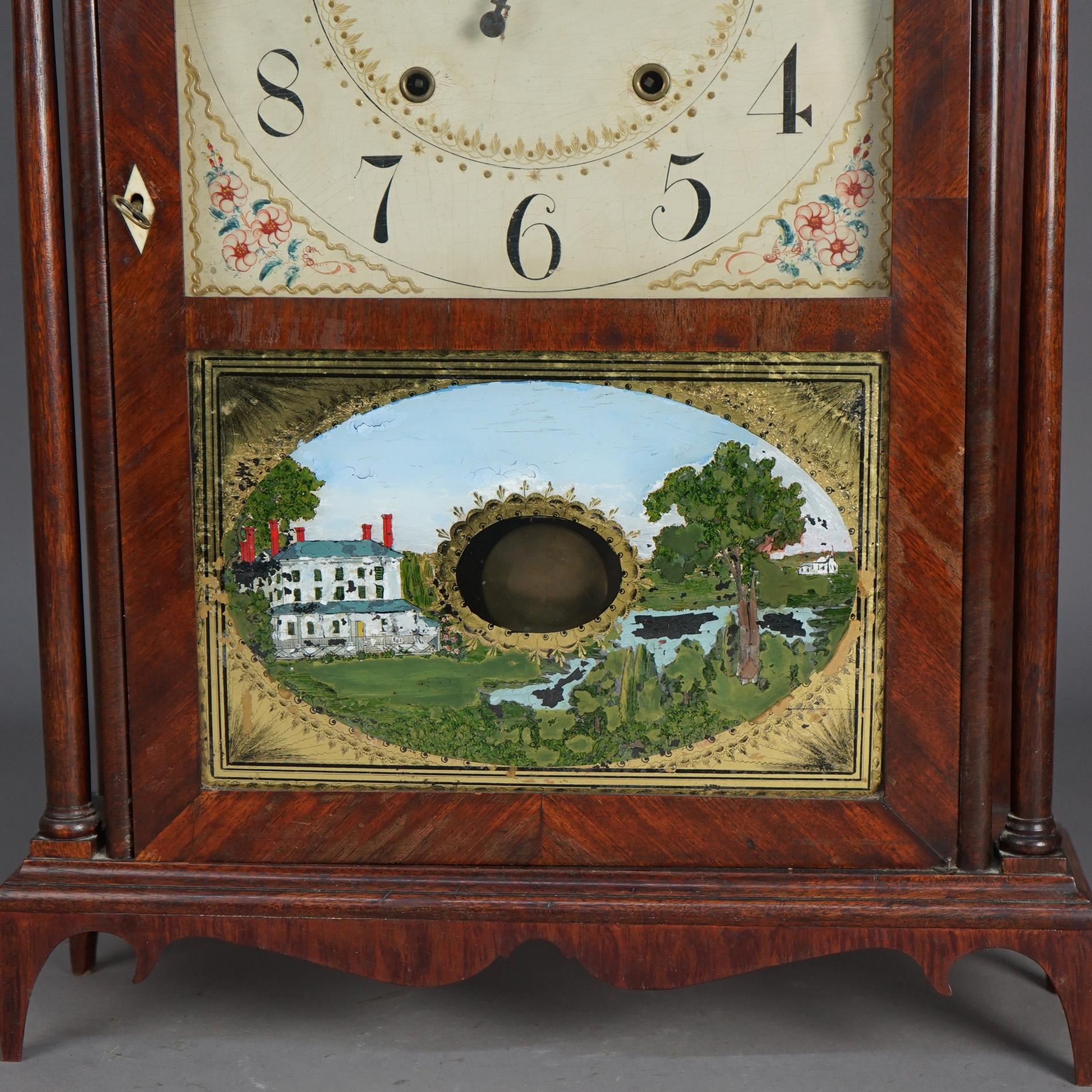 Antique Eli Terry Pillar & Scroll Mahogany Mantle Clock & Eglomise Panel C1830 5