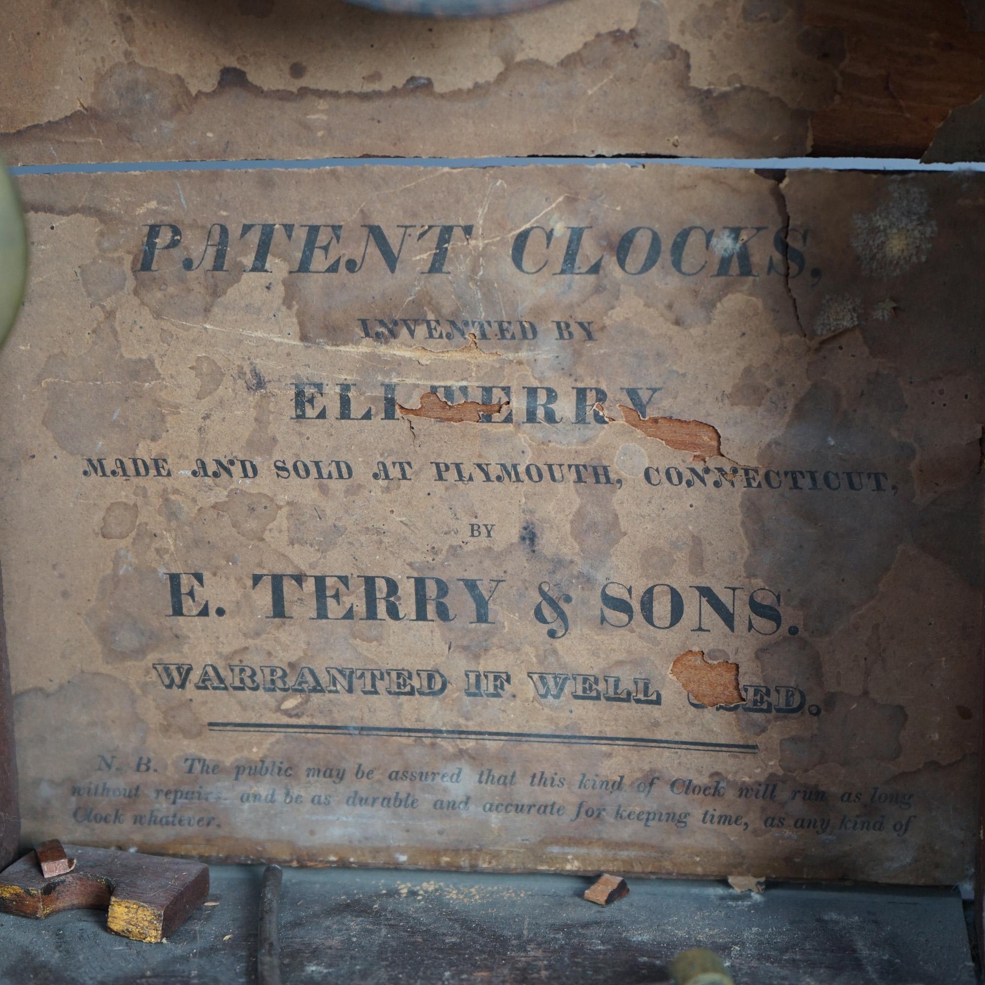 Antique Eli Terry Pillar & Scroll Mahogany Mantle Clock & Eglomise Panel C1830 9