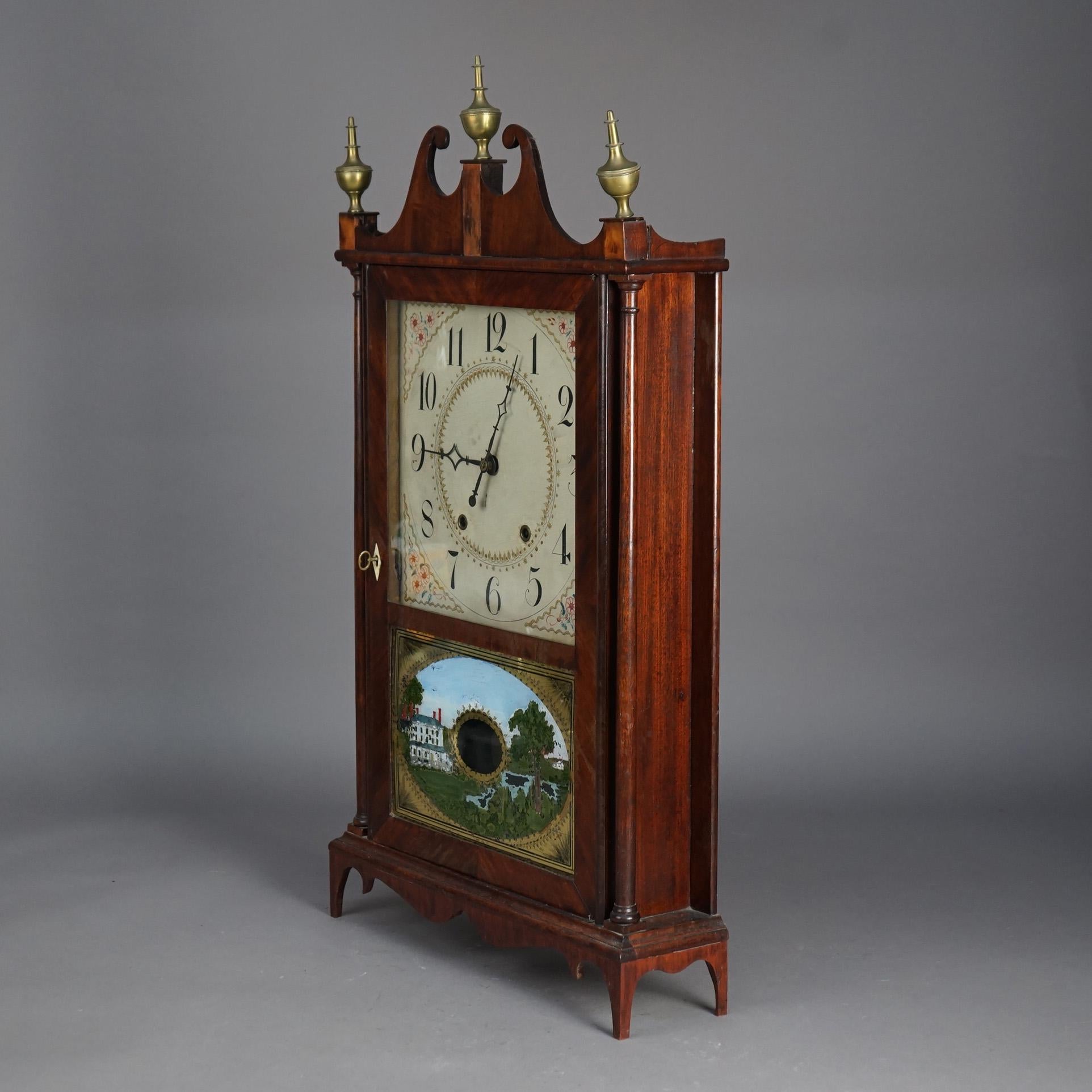 American Antique Eli Terry Pillar & Scroll Mahogany Mantle Clock & Eglomise Panel C1830