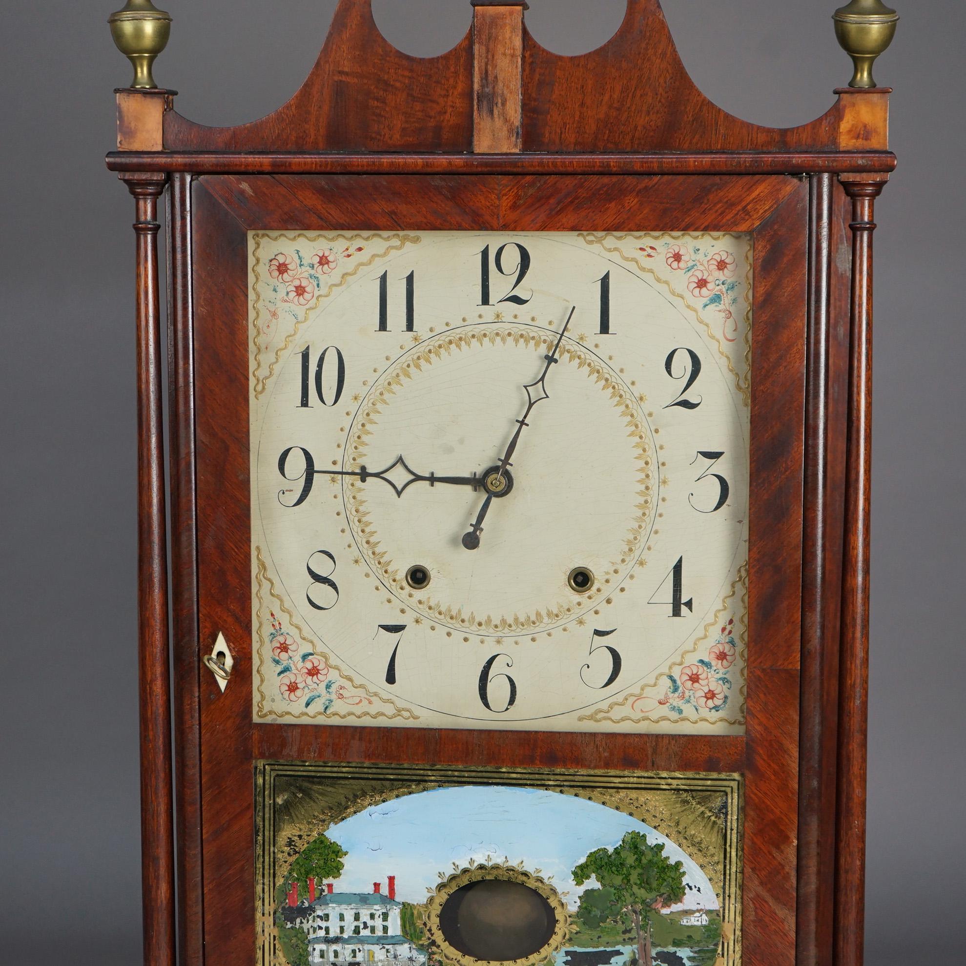 Antique Eli Terry Pillar & Scroll Mahogany Mantle Clock & Eglomise Panel C1830 In Good Condition In Big Flats, NY
