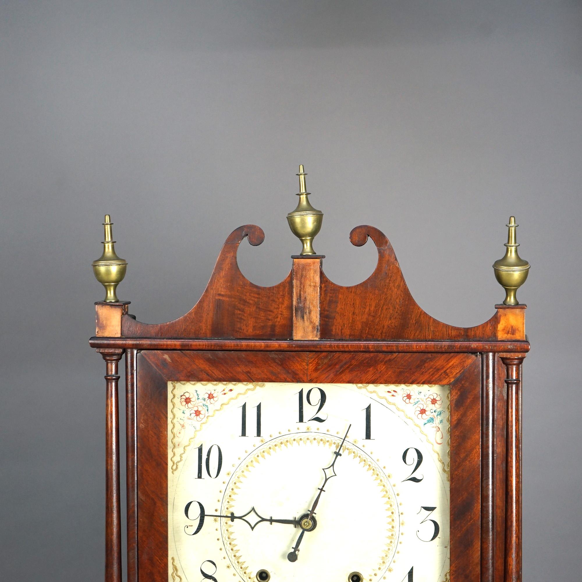 19th Century Antique Eli Terry Pillar & Scroll Mahogany Mantle Clock & Eglomise Panel C1830