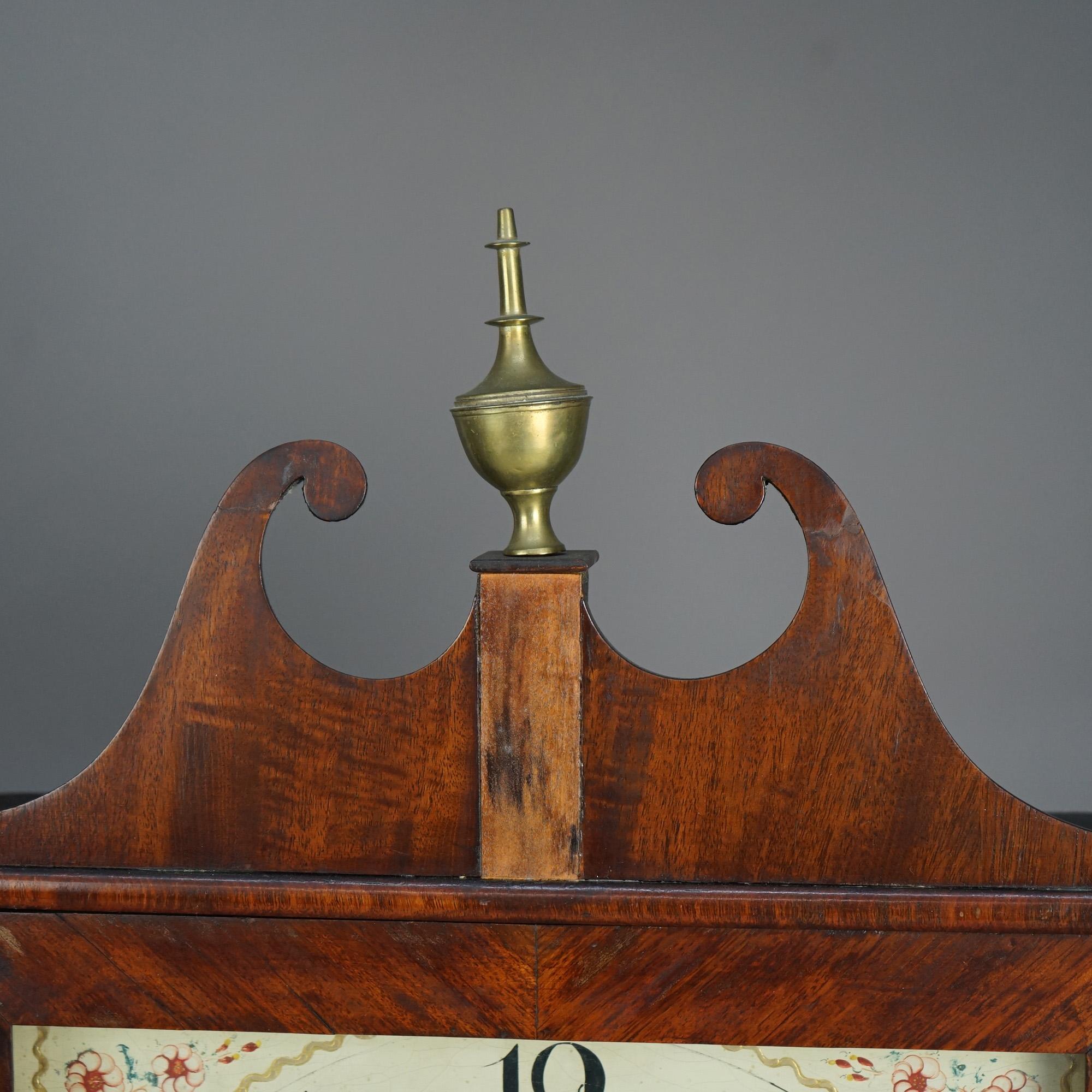 Brass Antique Eli Terry Pillar & Scroll Mahogany Mantle Clock & Eglomise Panel C1830
