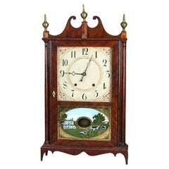 Antique Eli Terry Pillar & Scroll Mahogany Mantle Clock & Eglomise Panel C1830
