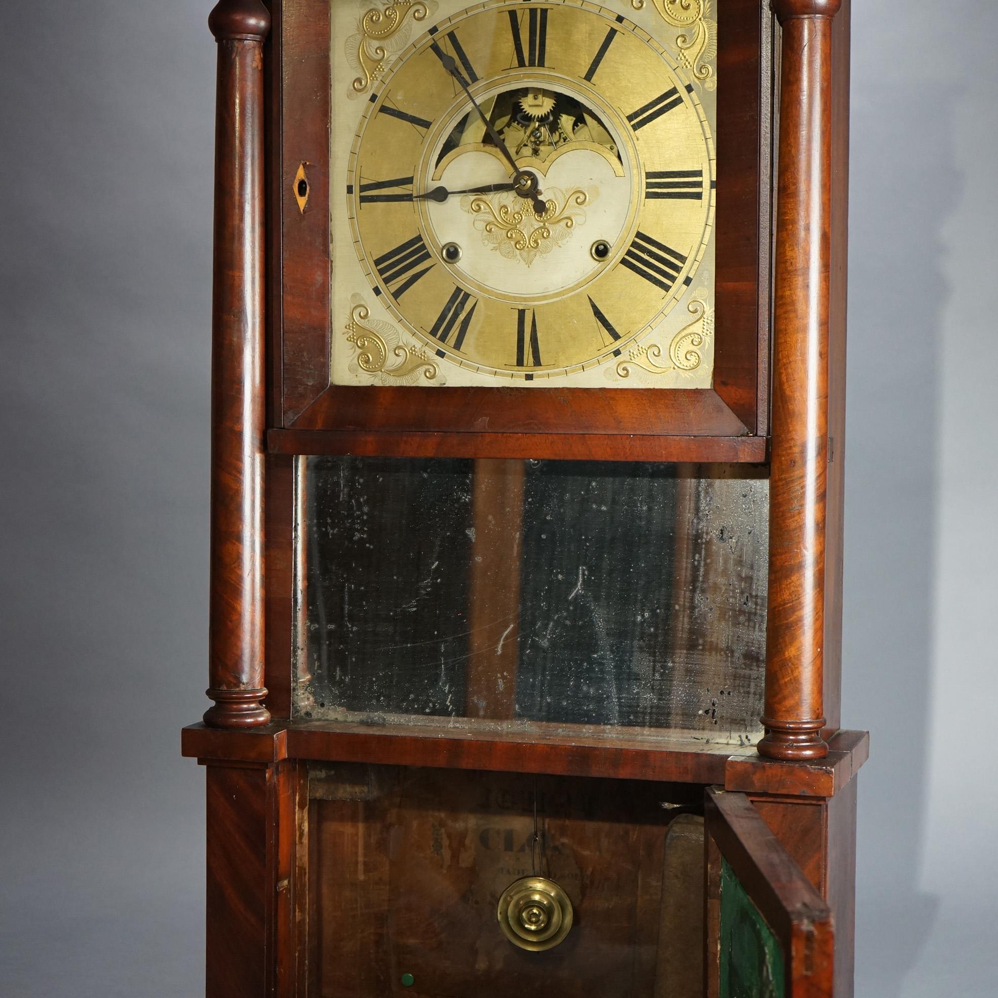Antiguo Reloj de manto de caoba con llama de la Escuela Imperio Americana Eli Terry c1840 1