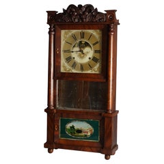 Antiguo Reloj de manto de caoba con llama de la Escuela Imperio Americana Eli Terry c1840
