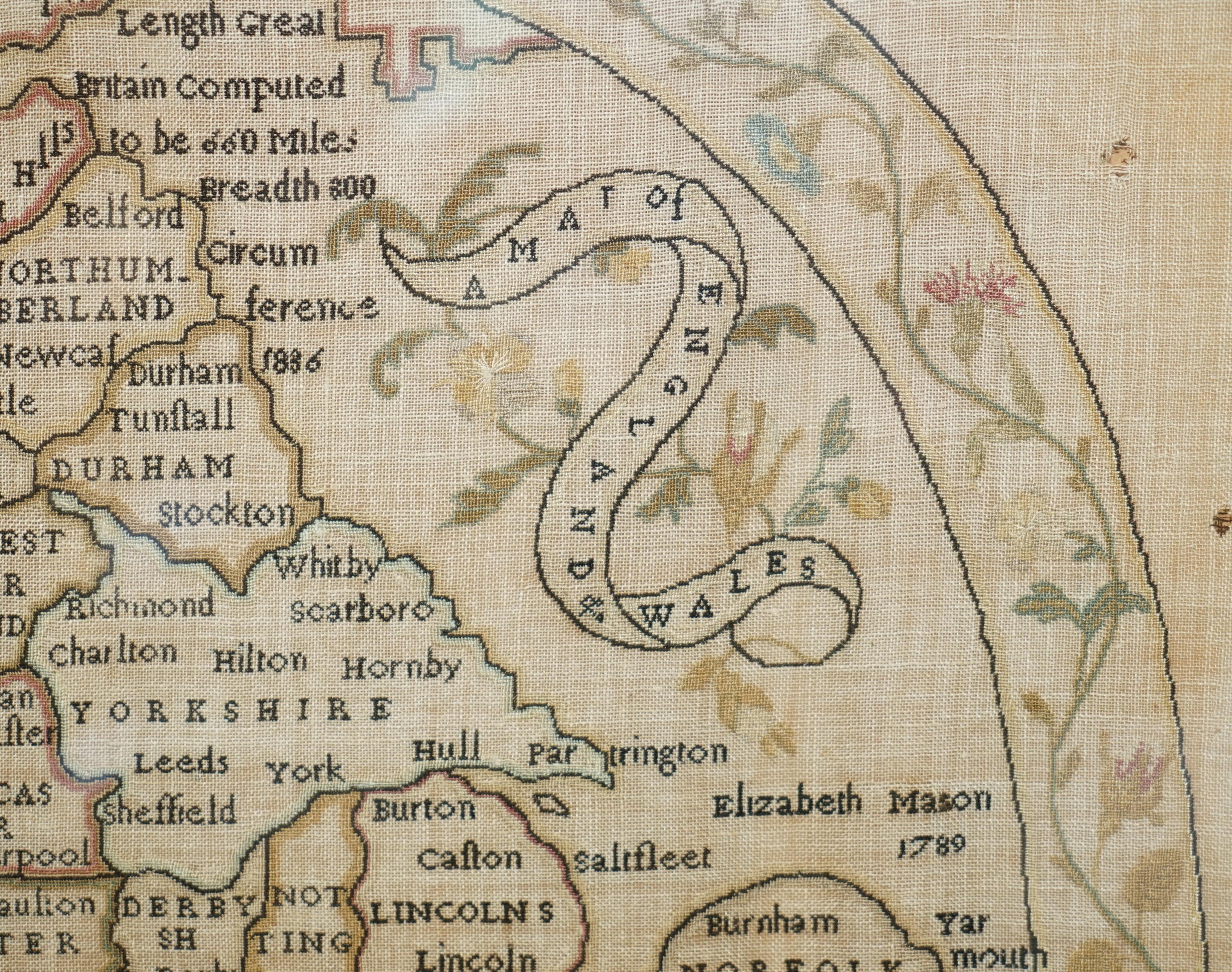 Antique Elizabeth Mason Signed 1789 George II Needlework Sampler Map of England For Sale 4