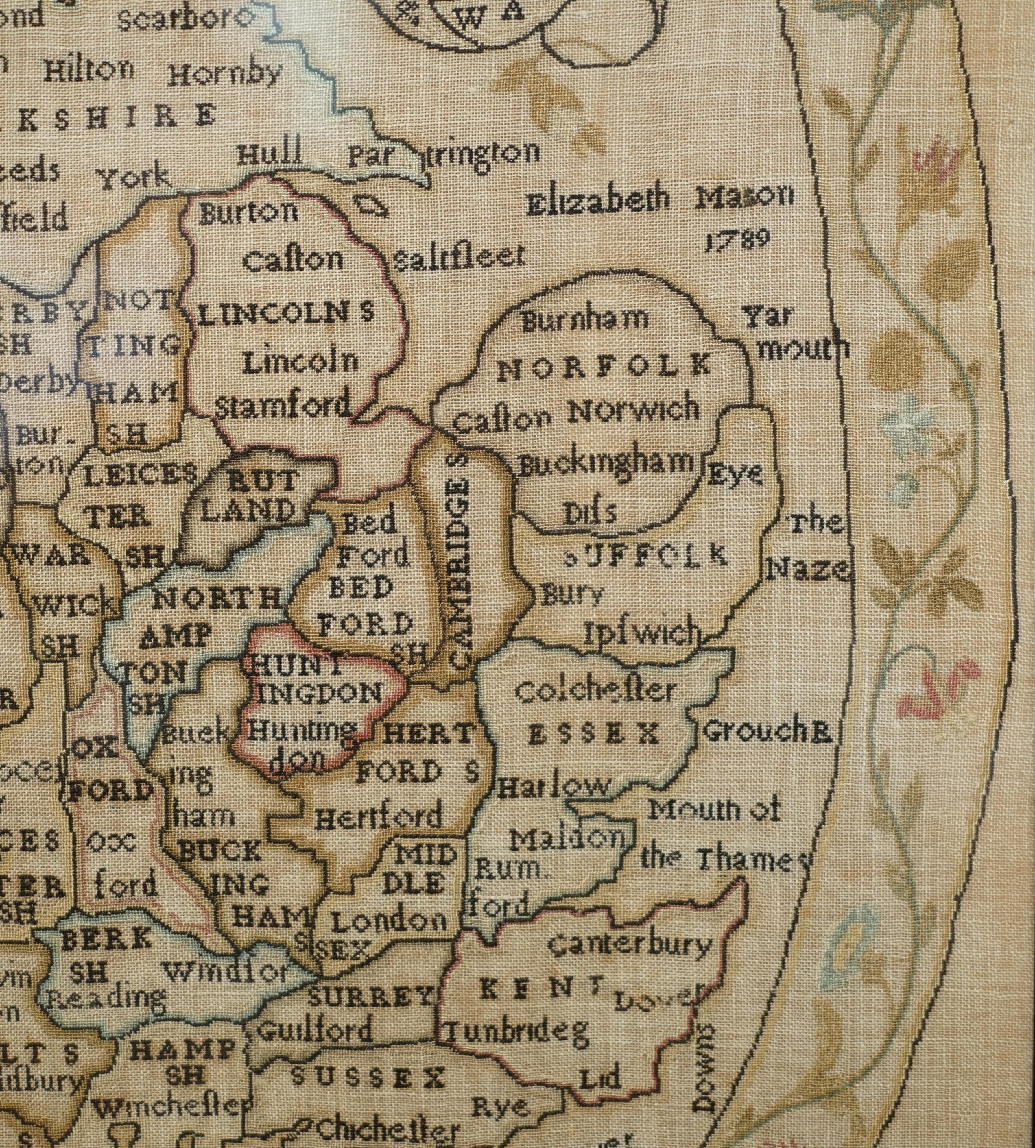 Antique Elizabeth Mason Signed 1789 George II Needlework Sampler Map of England For Sale 6