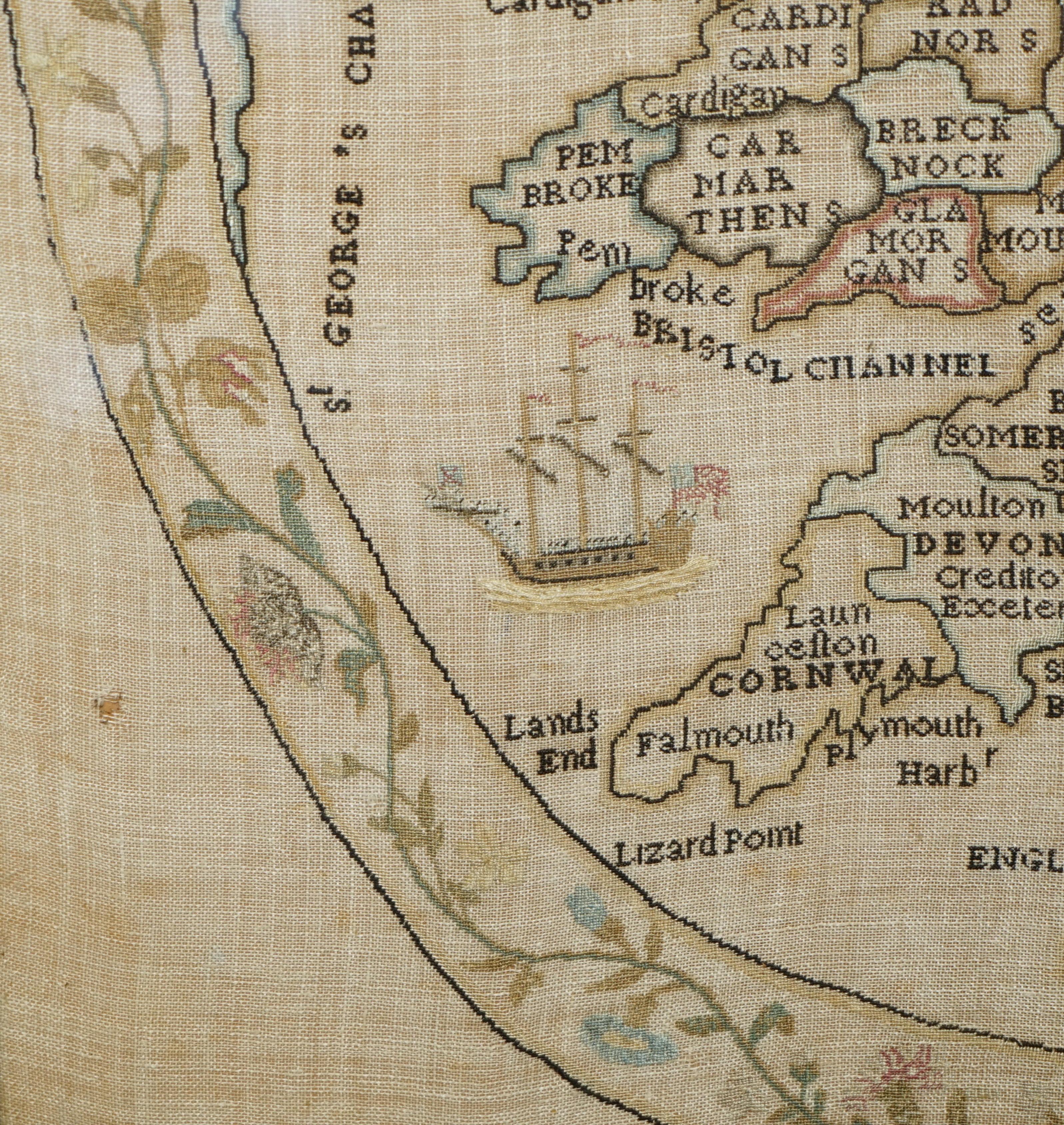 Antique Elizabeth Mason Signed 1789 George II Needlework Sampler Map of England For Sale 7