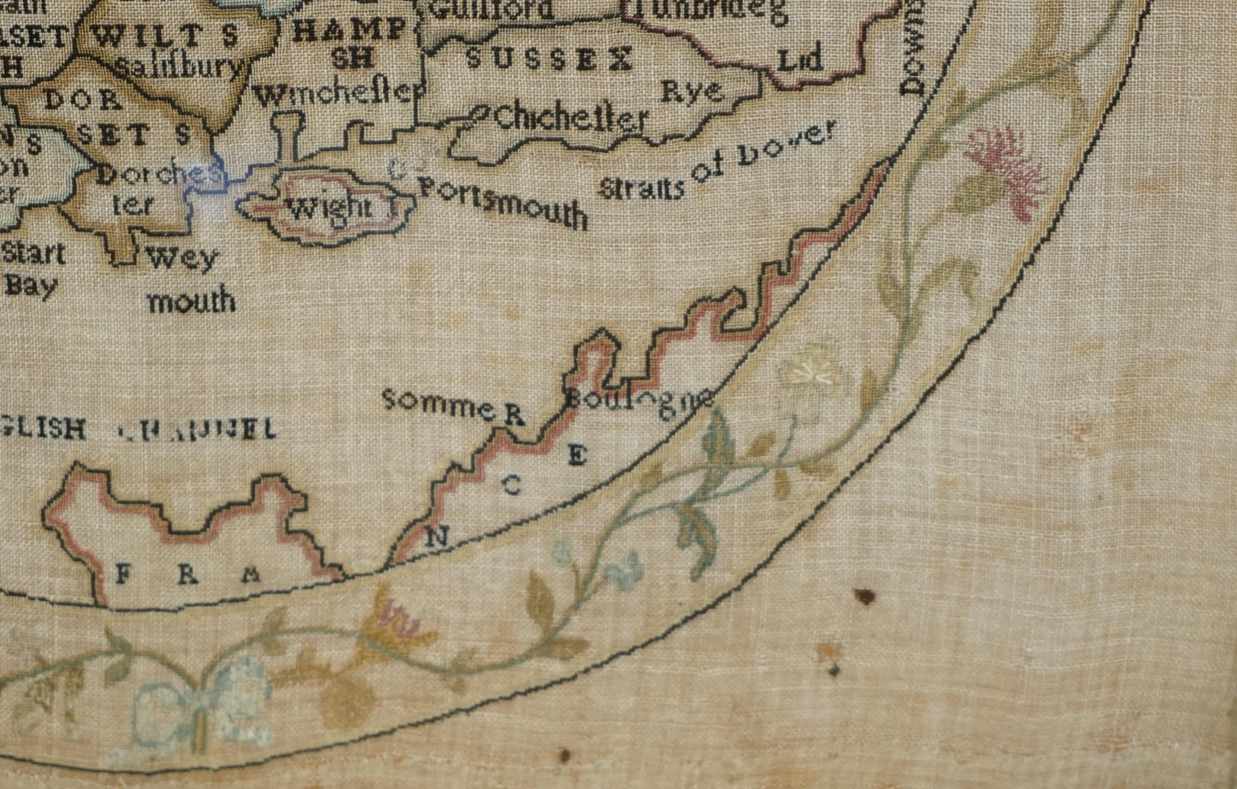 Antique Elizabeth Mason Signed 1789 George II Needlework Sampler Map of England For Sale 10