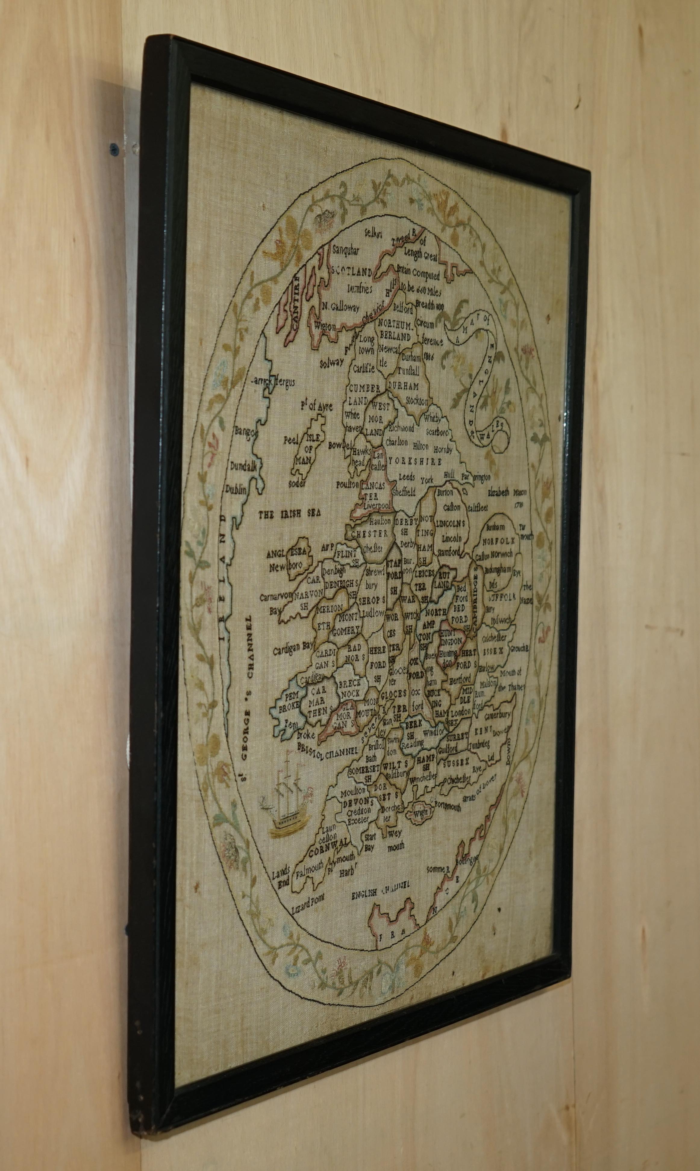 Antique Elizabeth Mason Signed 1789 George II Needlework Sampler Map of England For Sale 11