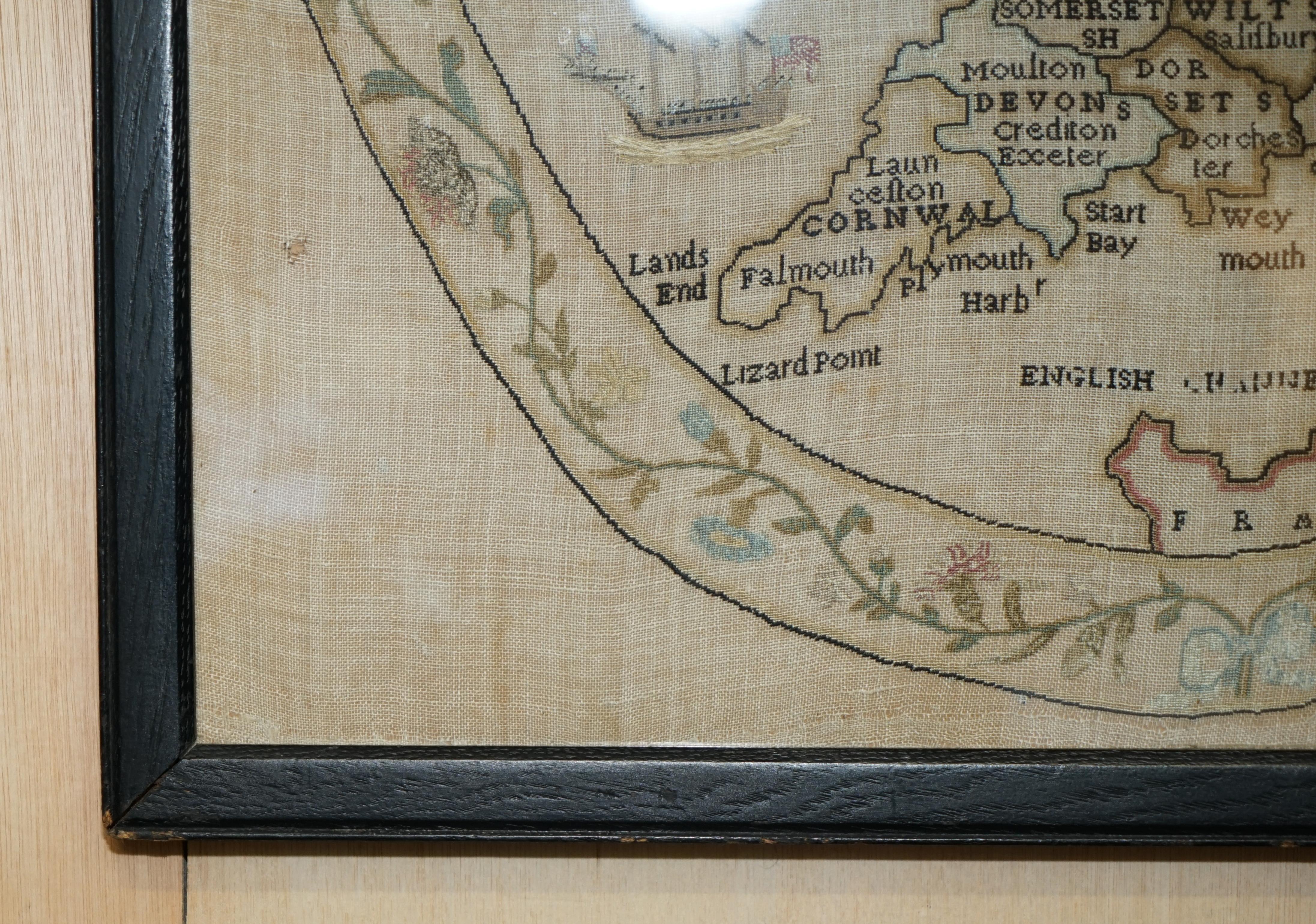 Embroidered Antique Elizabeth Mason Signed 1789 George II Needlework Sampler Map of England For Sale