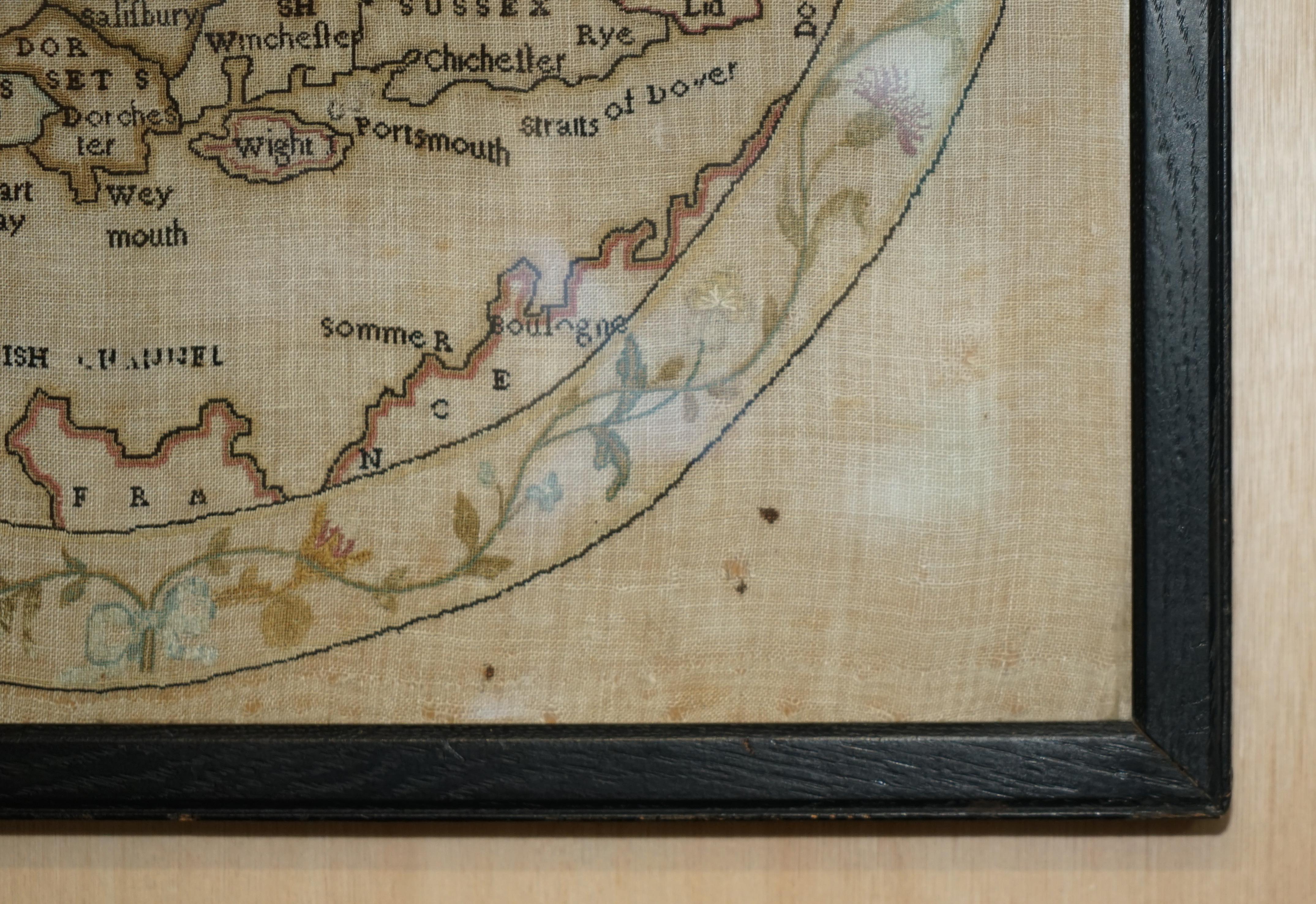 Late 18th Century Antique Elizabeth Mason Signed 1789 George II Needlework Sampler Map of England For Sale