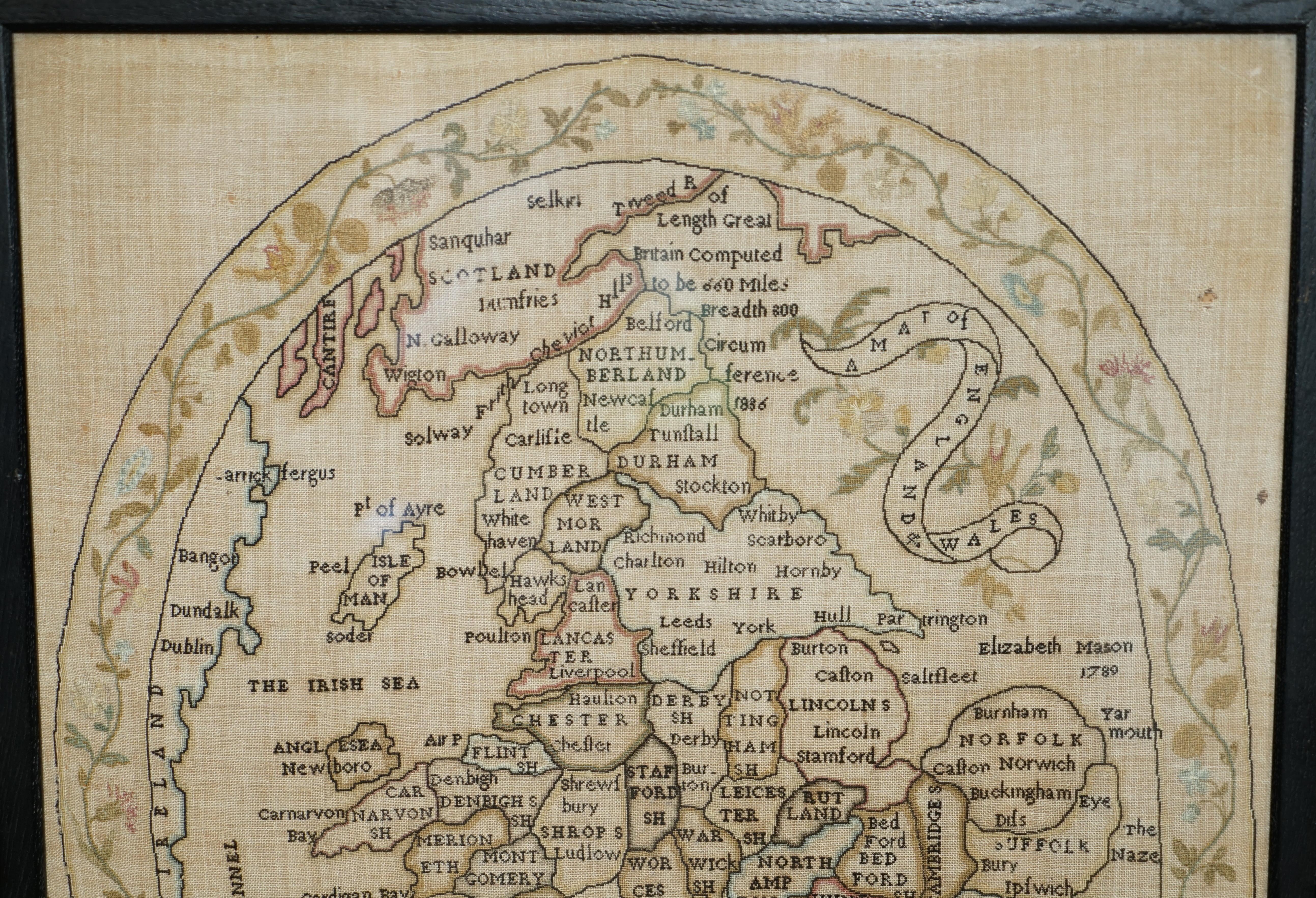 ANTIQUE ELIZABETH MASON SiGNED 1789 GEORGE II NEEDLEWORK SAMPLER MAP OF ENGLAND (Spätes 18. Jahrhundert) im Angebot