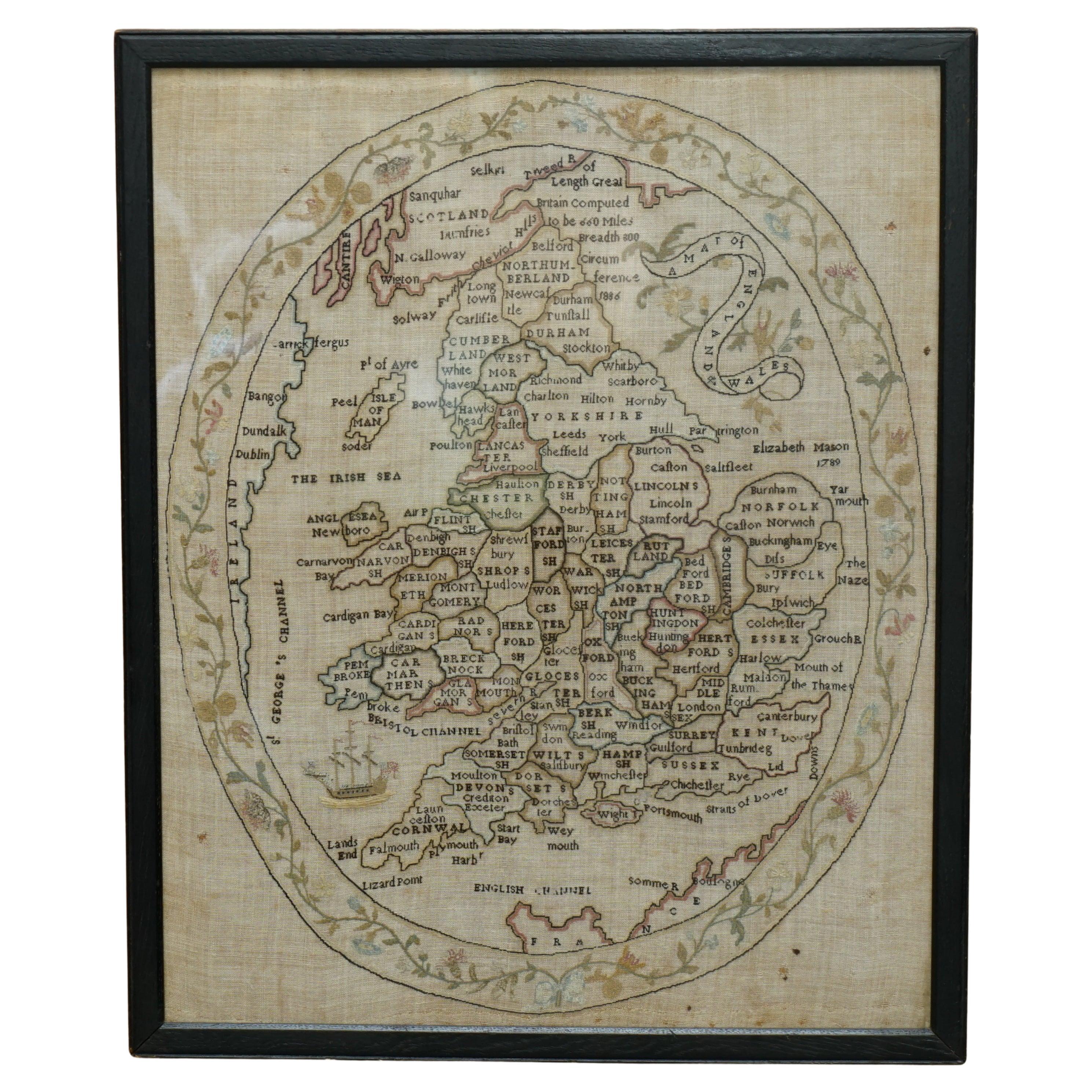 Antique Elizabeth Mason Signed 1789 George II Needlework Sampler Map of England For Sale