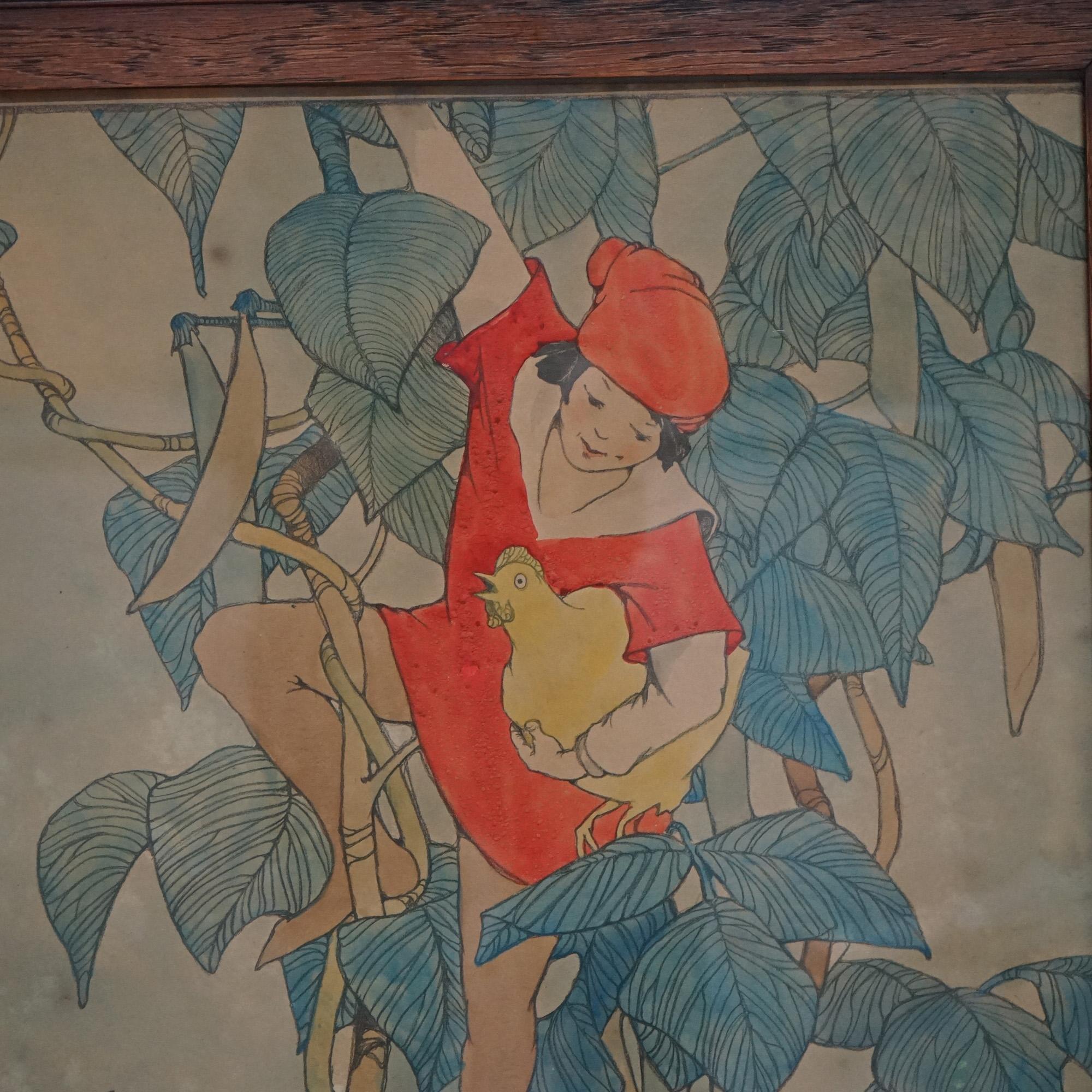 Antique Elizabeth Tyler Lithograph “Jack And The Beanstalk”, Framed, C1920 In Good Condition For Sale In Big Flats, NY