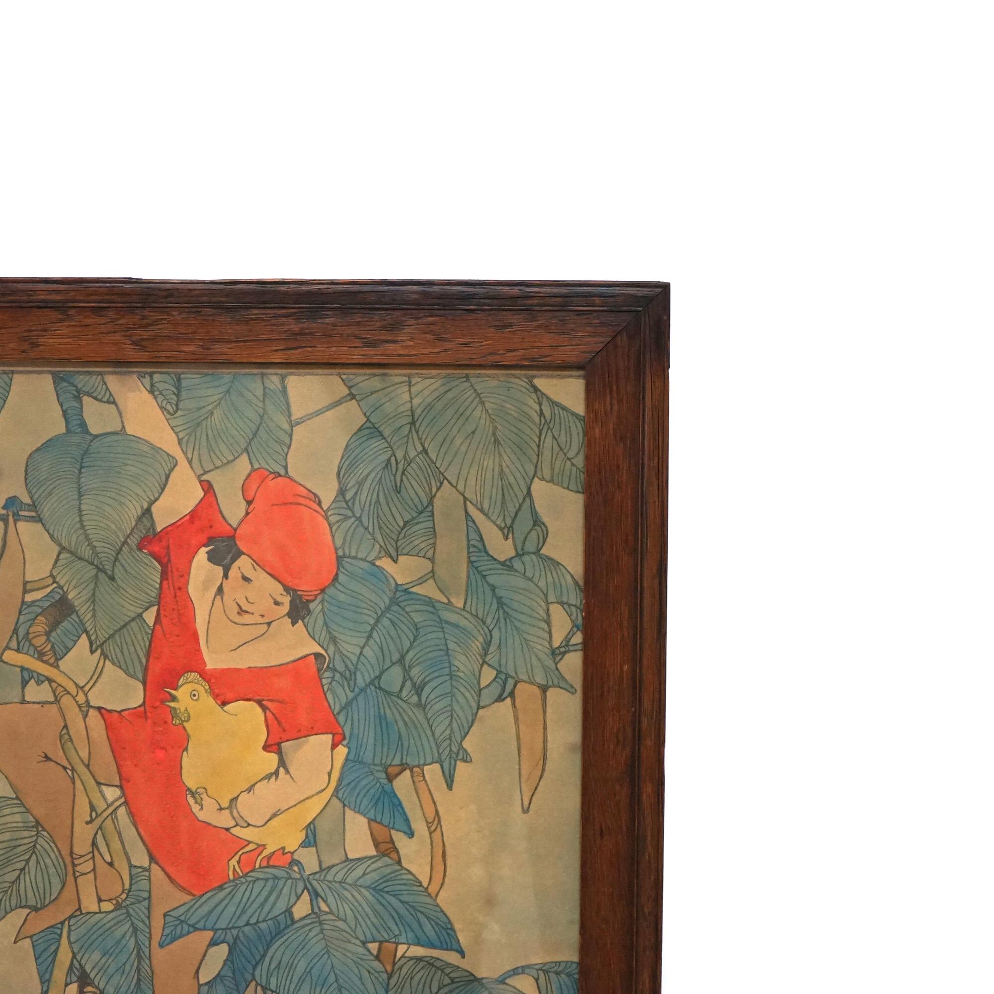 Paper Antique Elizabeth Tyler Lithograph “Jack And The Beanstalk”, Framed, C1920 For Sale