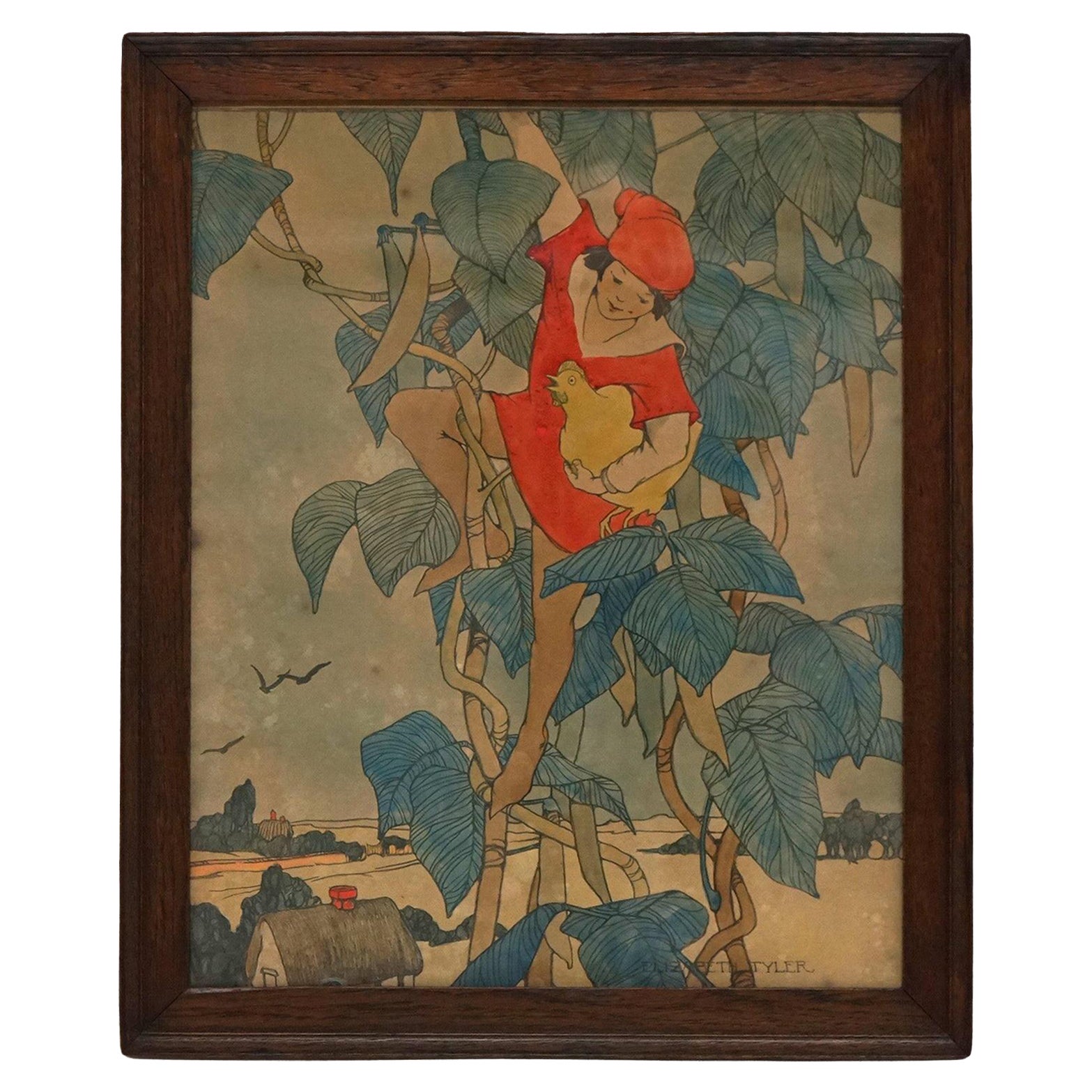 Antike Elizabeth Tyler Lithographie "Jack und die Bohnenranke", gerahmt, C1920