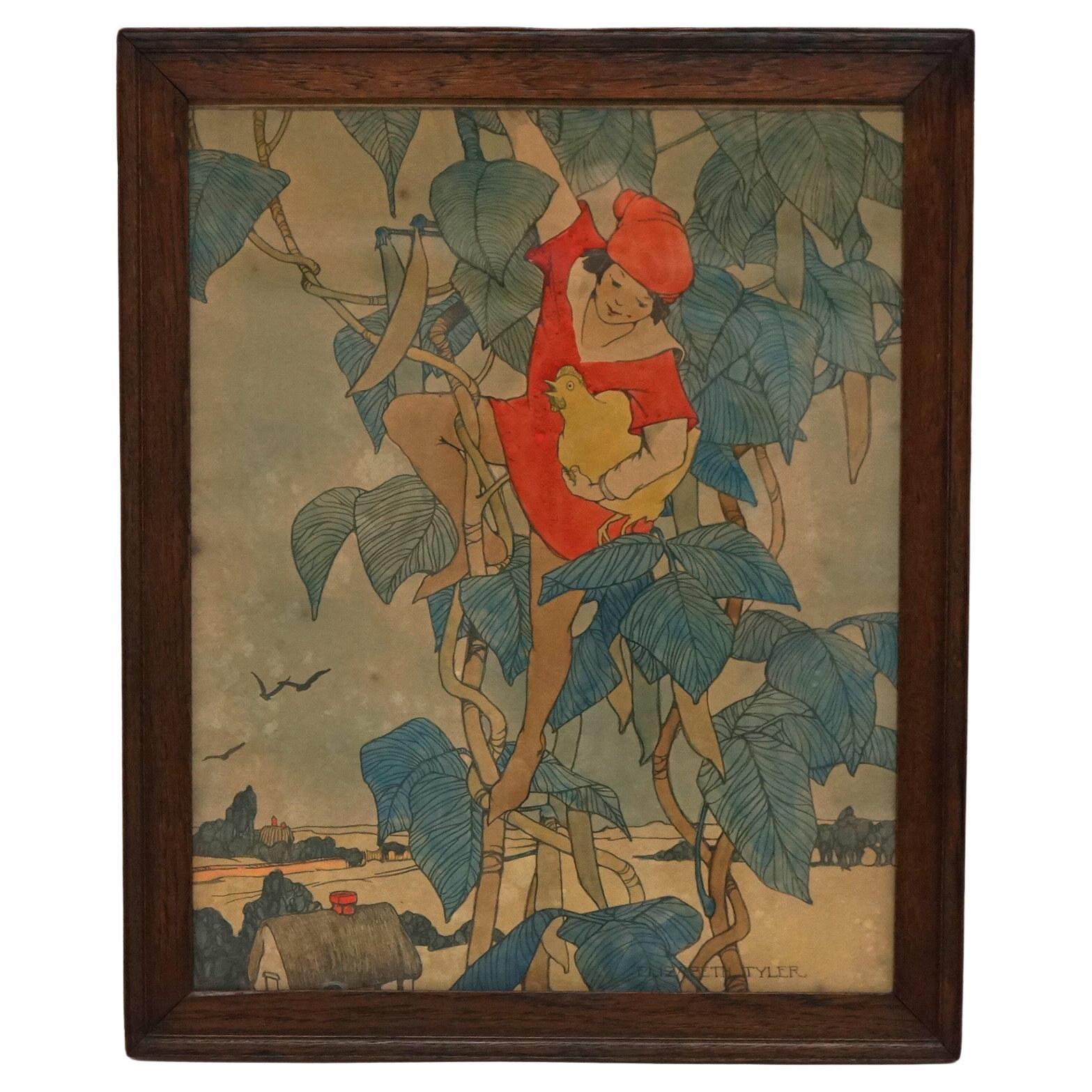 Antique Elizabeth Tyler Lithograph “Jack And The Beanstalk”, Framed, C1920 For Sale
