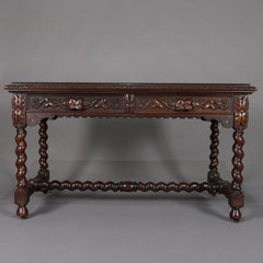 Antique Elizabethan Barley Twist and Foliate Carved Mahogany Partners' Desk