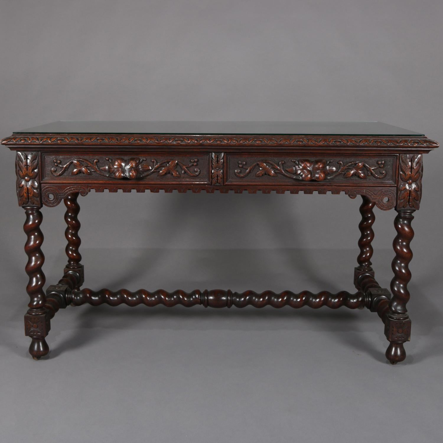 English Antique Elizabethan Barley Twist and Foliate Carved Mahogany Partners' Desk