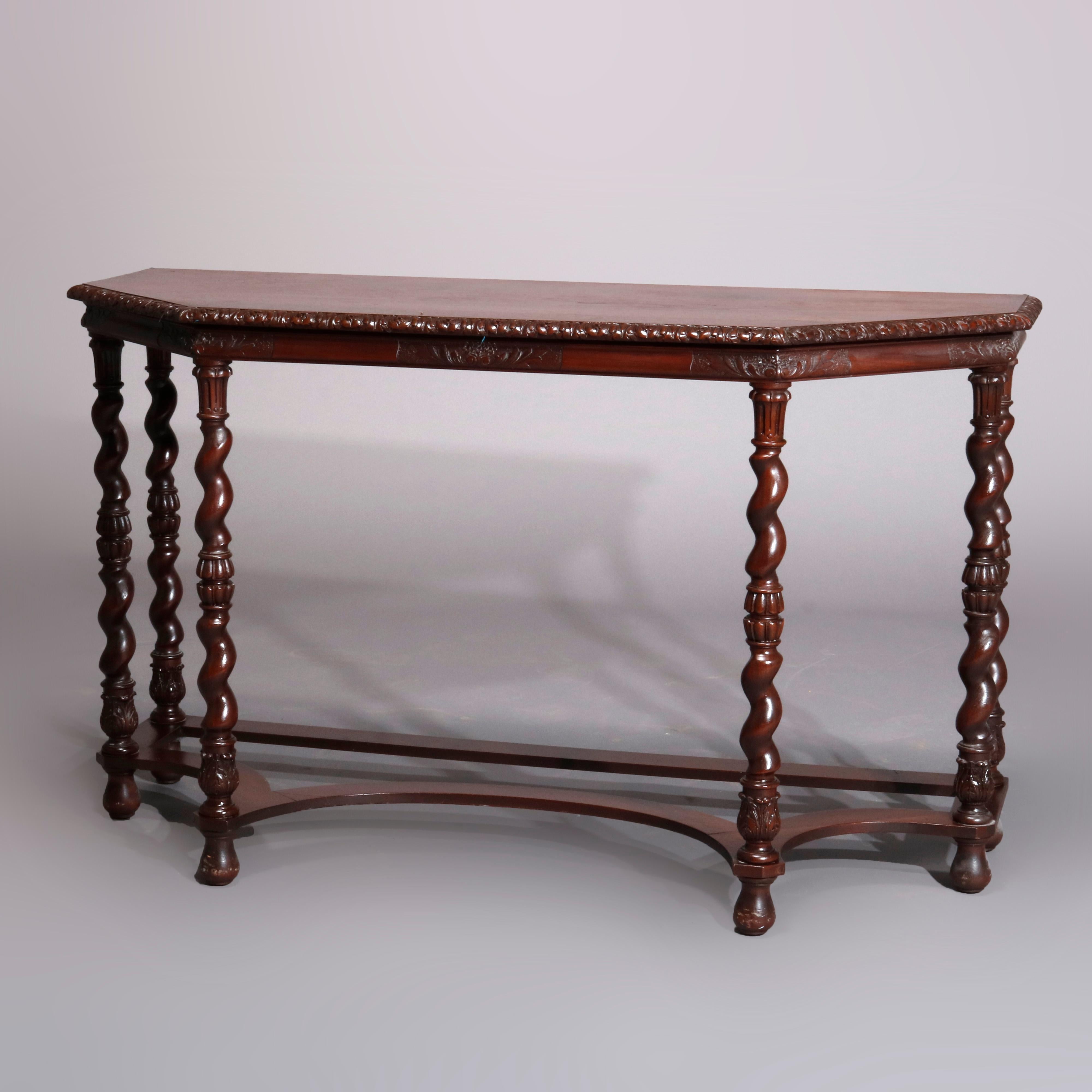 English Antique Elizabethan Carved Mahogany Barley Twist and Acanthus Console Table