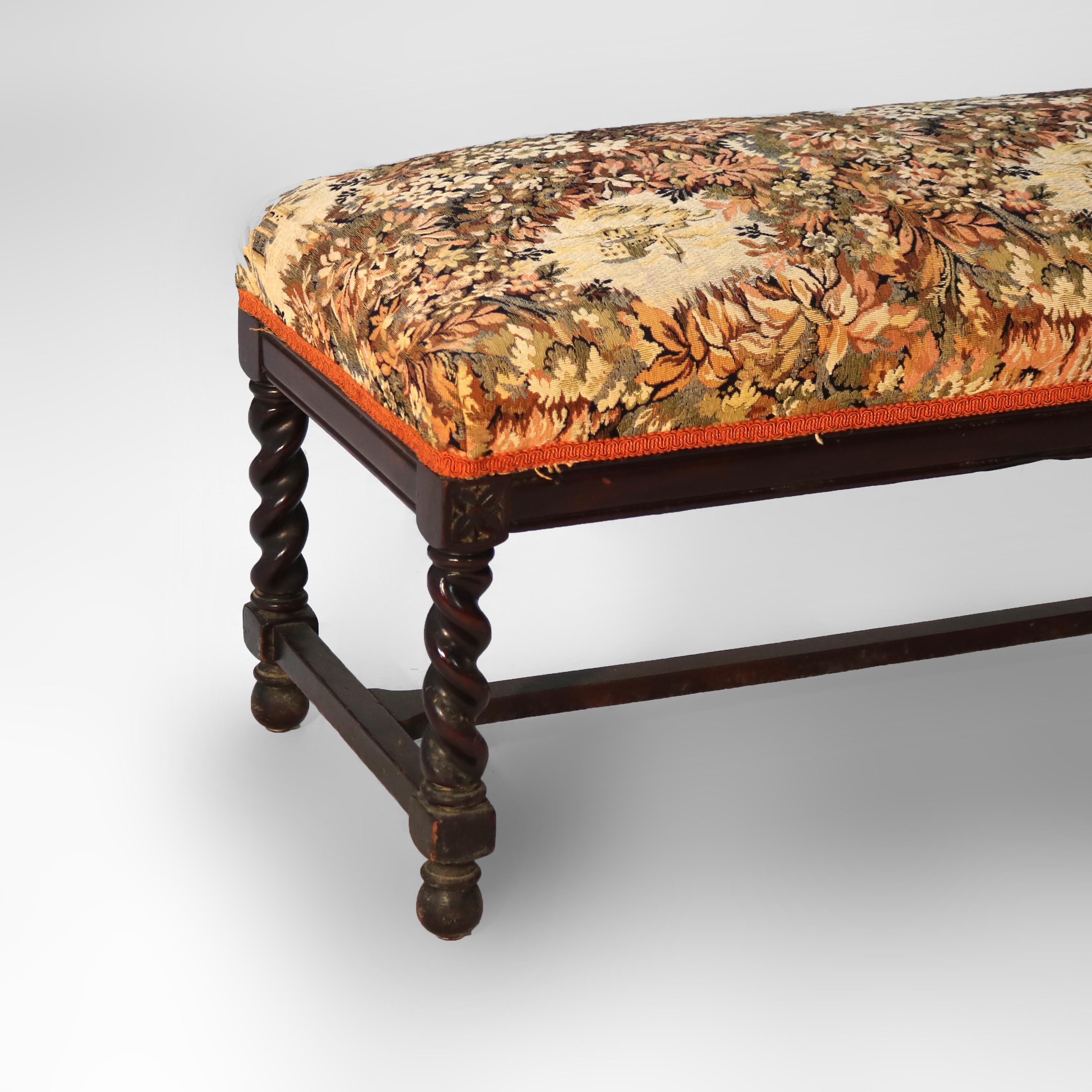 Antique Elizabethan Carved Mahogany Rope Twist & Tapestry Long Bench C1920 6