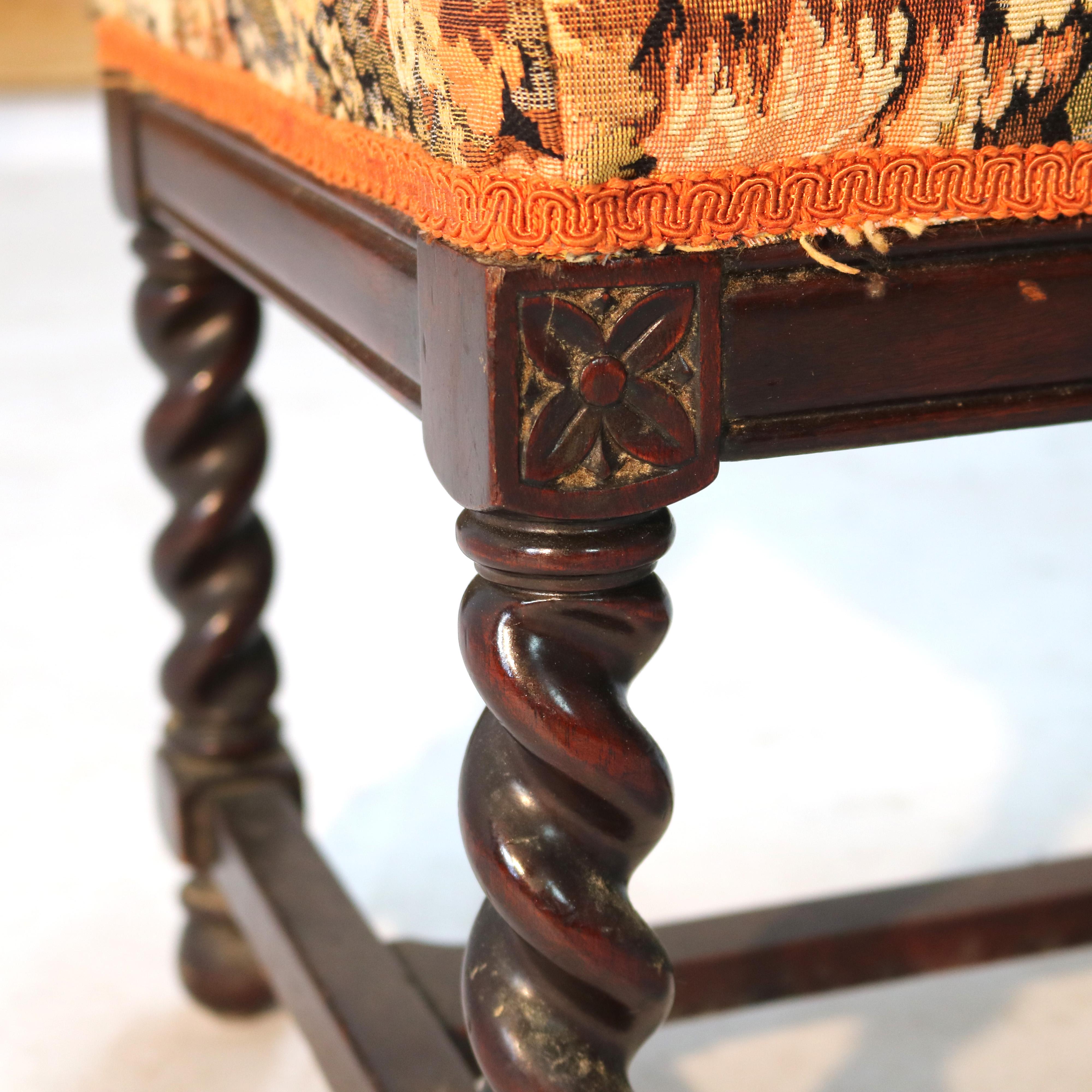 Antique Elizabethan Carved Mahogany Rope Twist & Tapestry Long Bench C1920 7