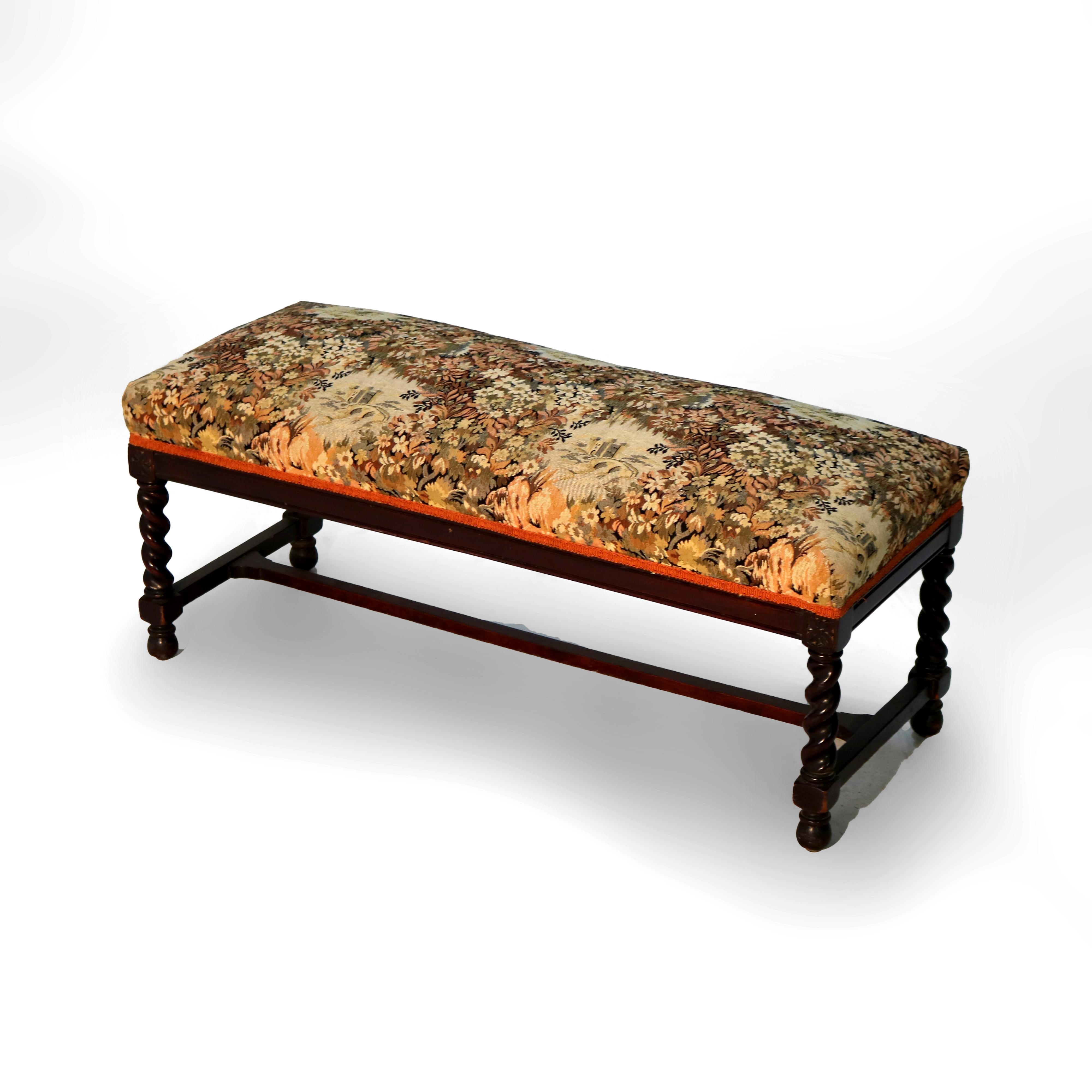 ***Reduced In-House Delivery Rates - Click on “Ask Seller” to Request a Quote***
Antique Elizabethan Carved Mahogany Rope Twist & Tapestry Long Bench C1920.
17 1/2