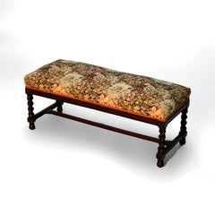 Antique Elizabethan Carved Mahogany Rope Twist & Tapestry Long Bench C1920