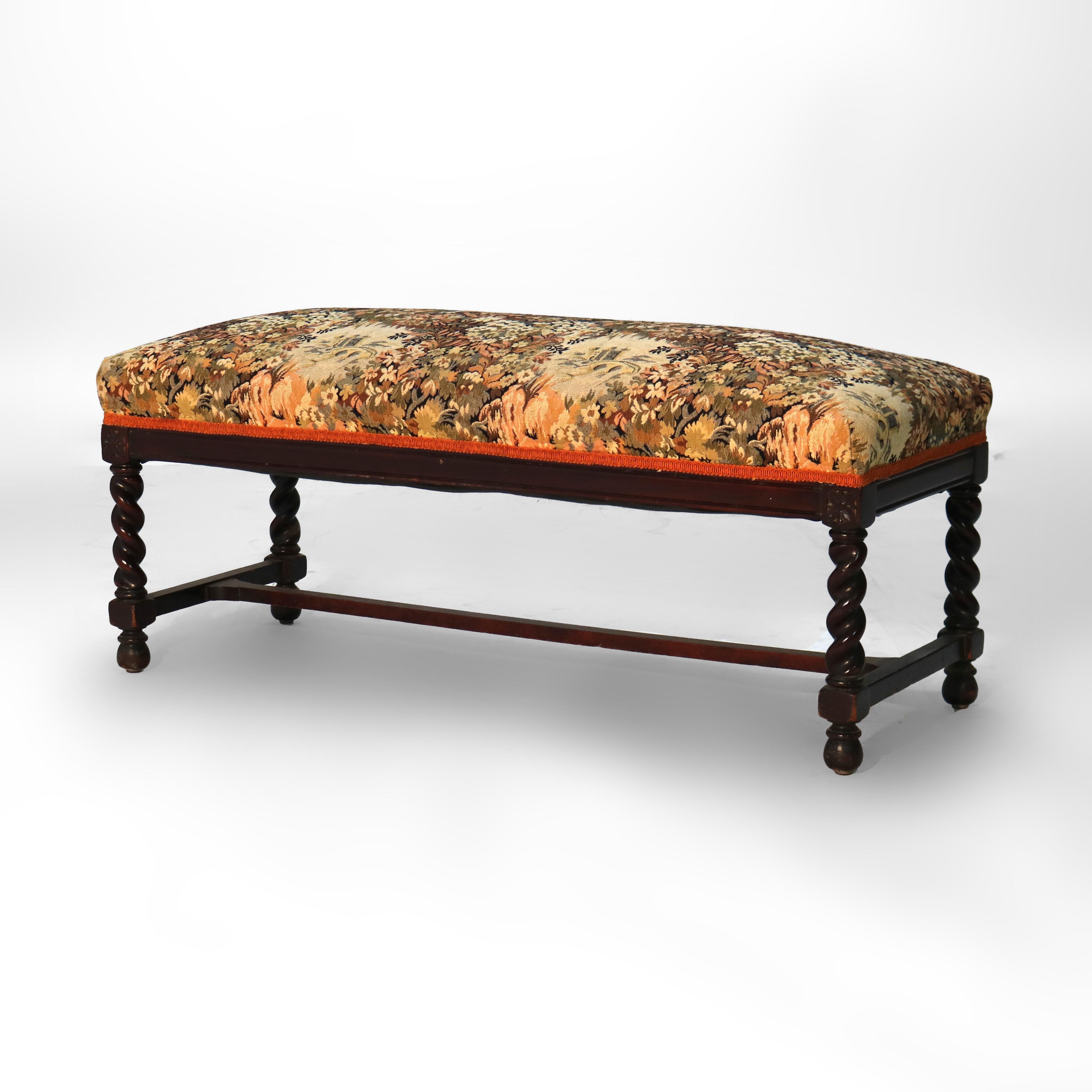 Antique Elizabethan Carved Mahogany Rope Twist & Tapestry Long Bench C1920 In Good Condition In Big Flats, NY