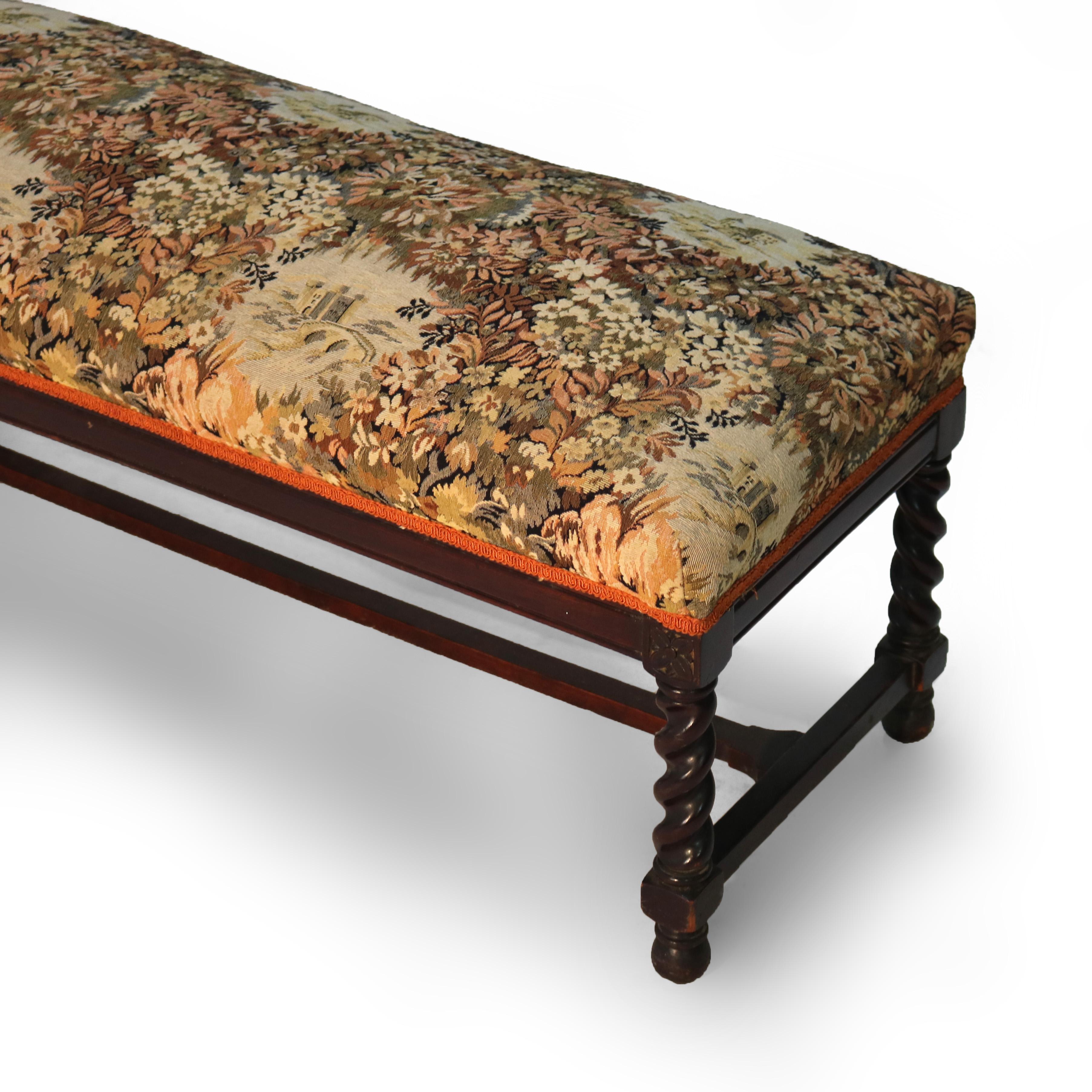 20th Century Antique Elizabethan Carved Mahogany Rope Twist & Tapestry Long Bench C1920