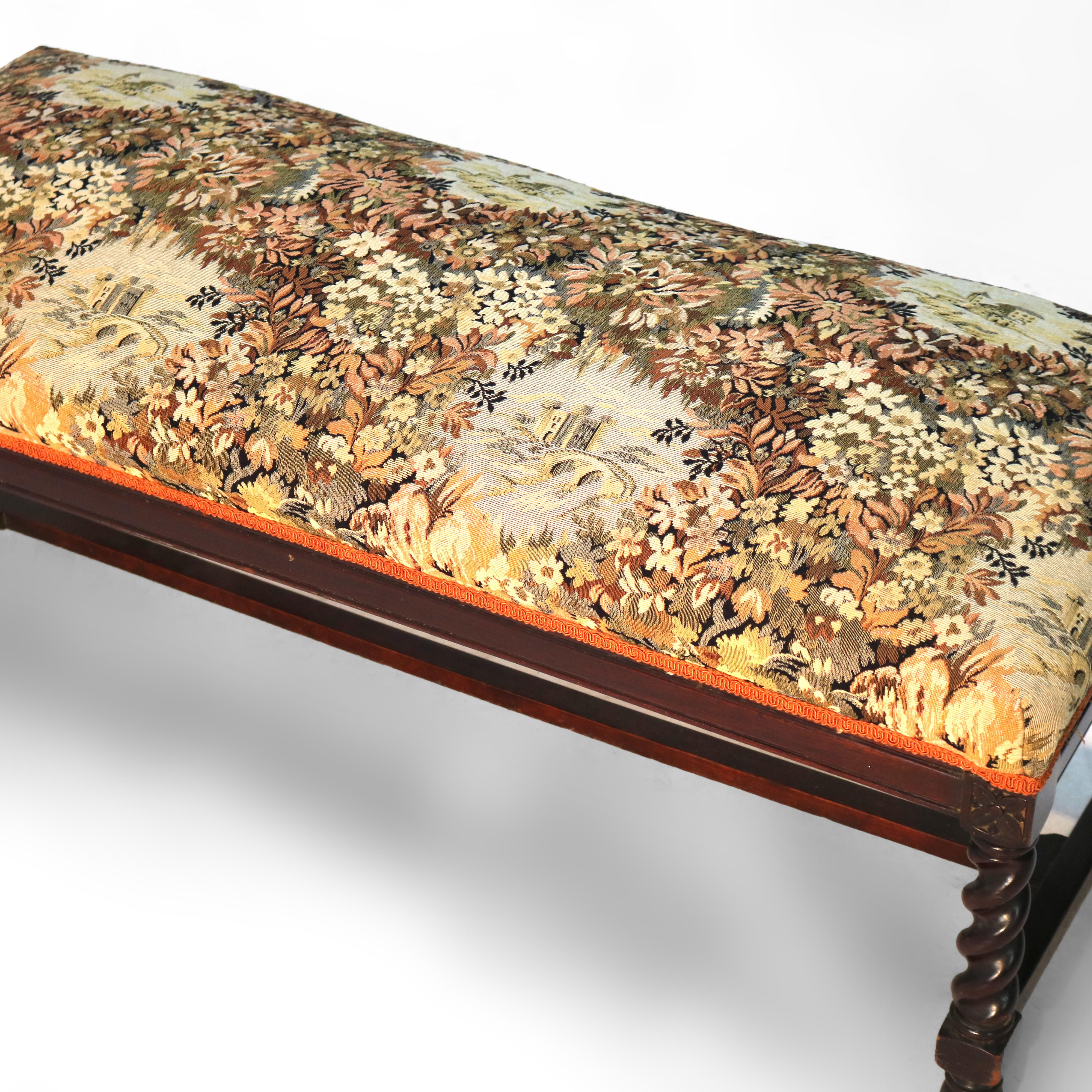 Antique Elizabethan Carved Mahogany Rope Twist & Tapestry Long Bench C1920 1