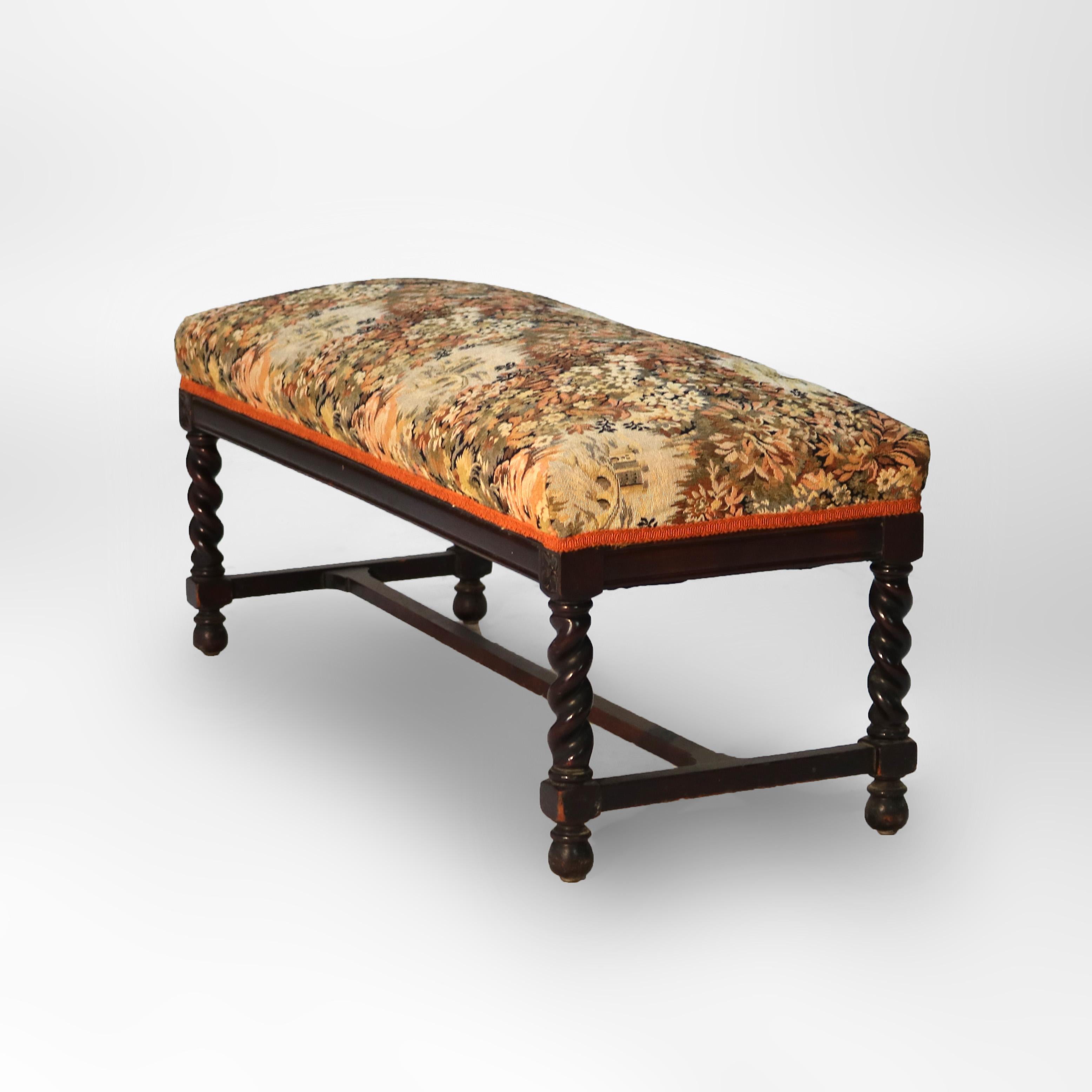 Antique Elizabethan Carved Mahogany Rope Twist & Tapestry Long Bench C1920 3