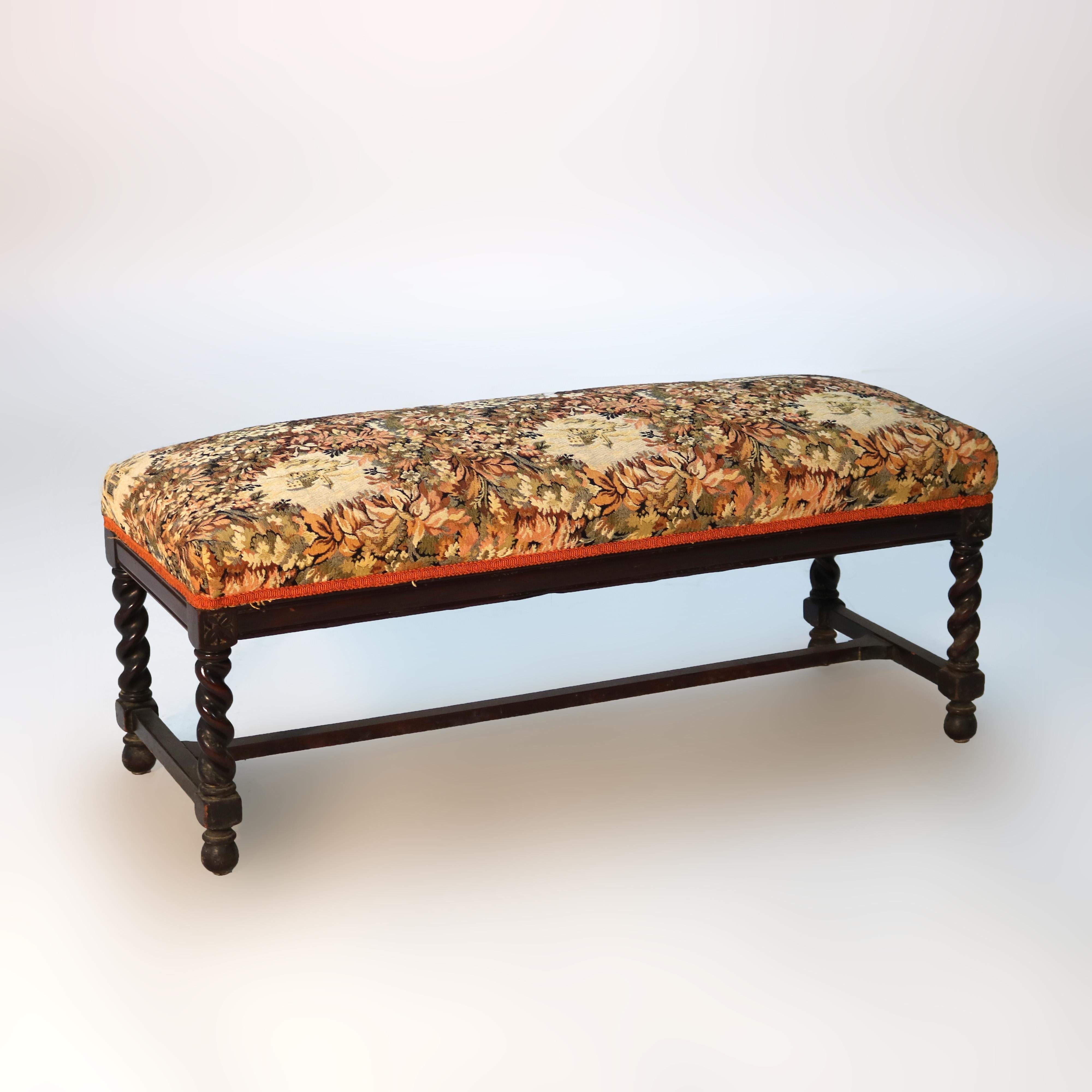 Antique Elizabethan Carved Mahogany Rope Twist & Tapestry Long Bench C1920 4
