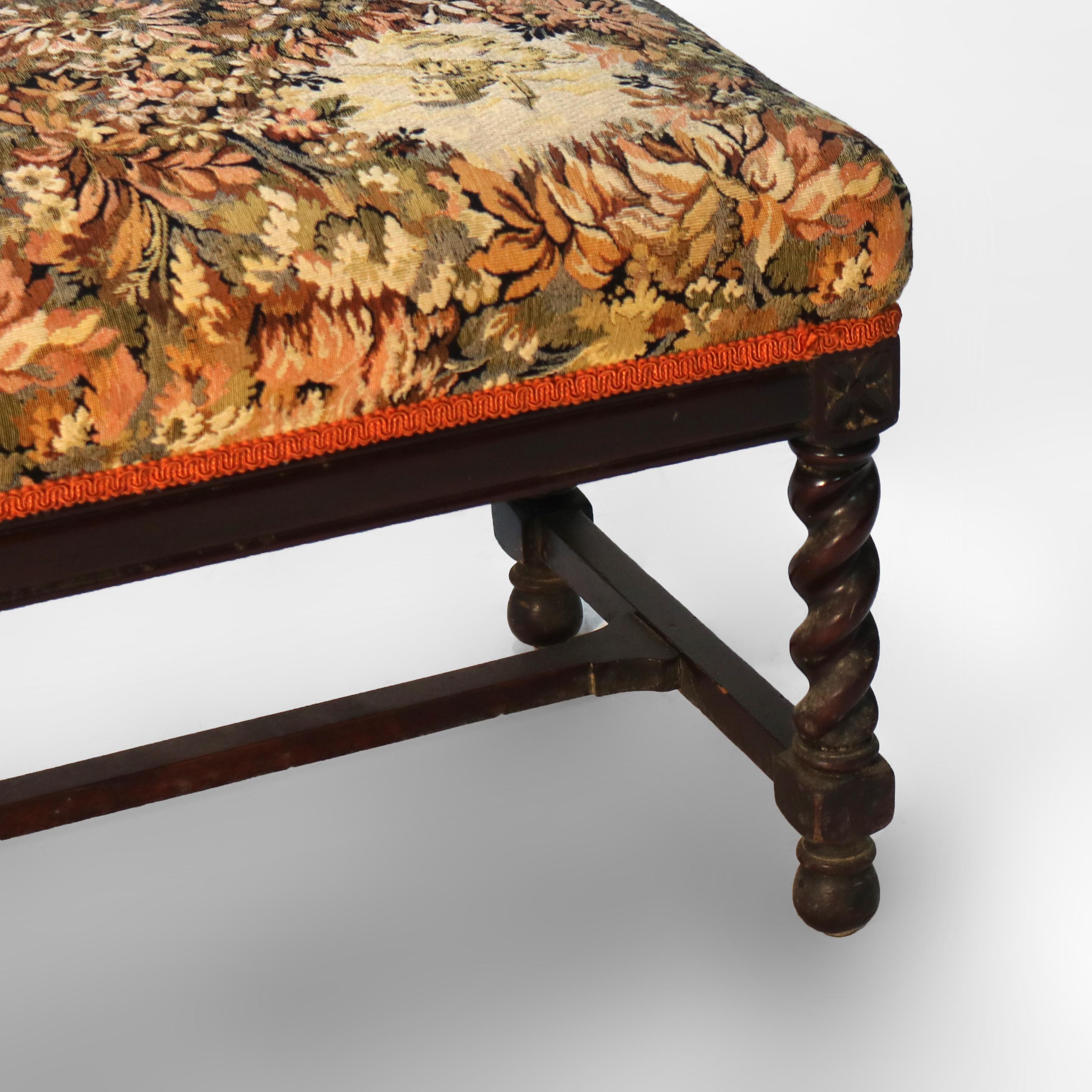 Antique Elizabethan Carved Mahogany Rope Twist & Tapestry Long Bench C1920 5