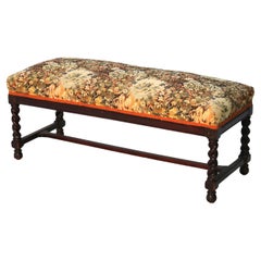 Antique Elizabethan Carved Mahogany Rope Twist & Tapestry Long Bench C1920