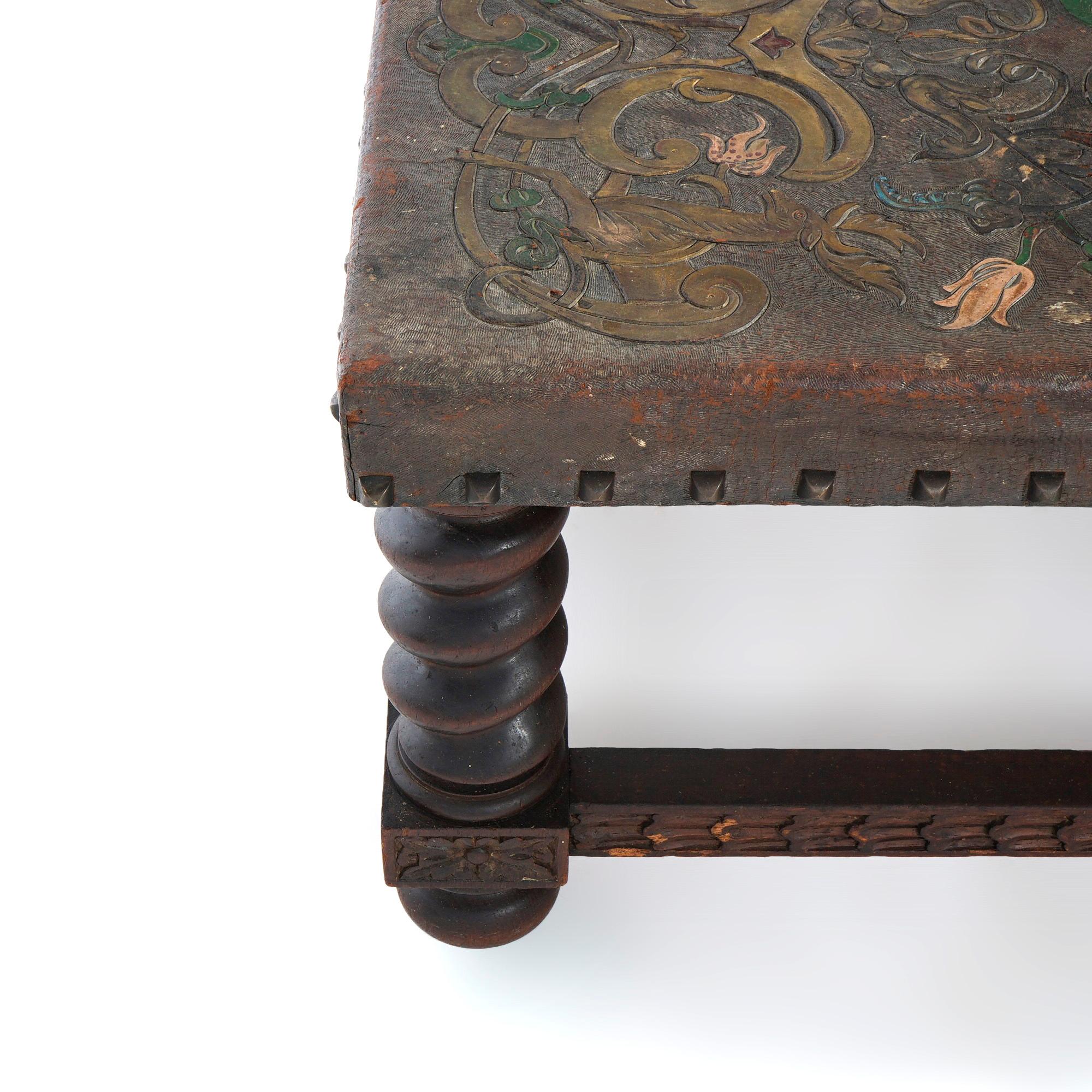 Antique Elizabethan Carved Oak & Tooled Leather Low Bench, Circa 1910 6