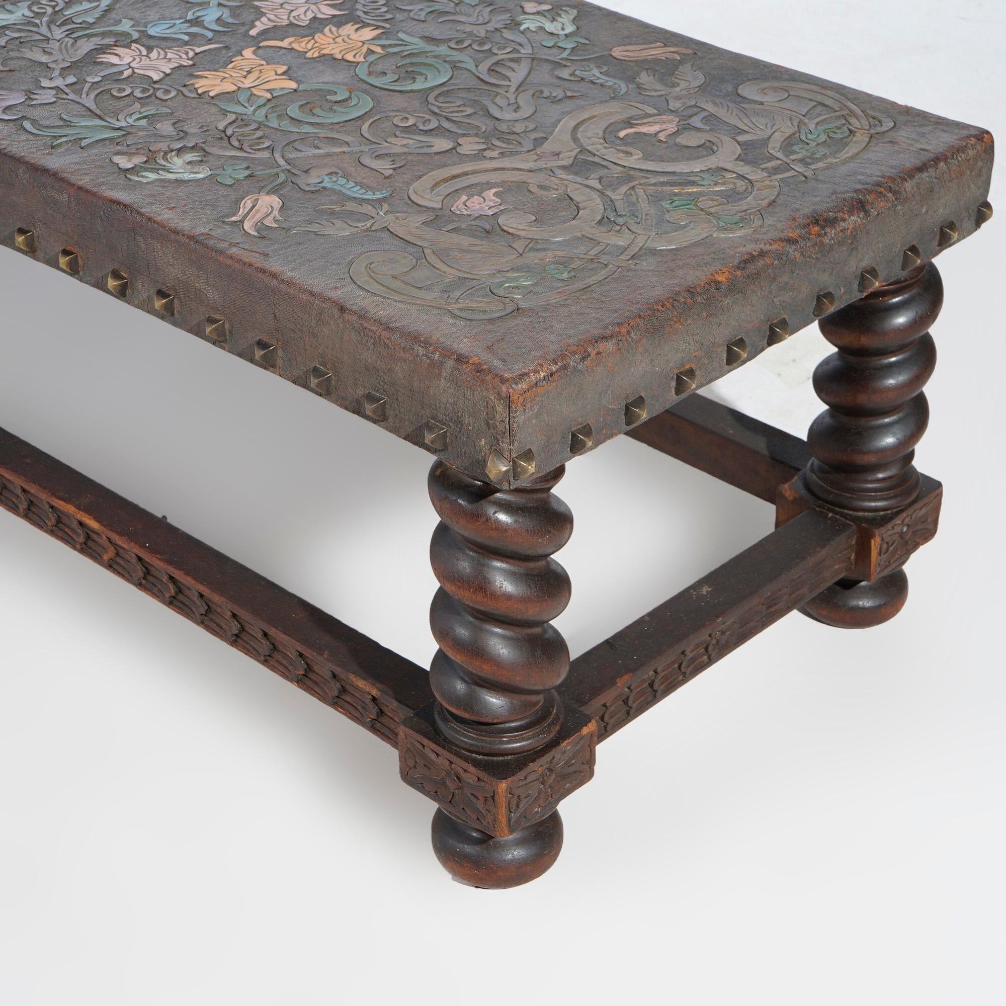 Antique Elizabethan Carved Oak & Tooled Leather Low Bench, Circa 1910 9