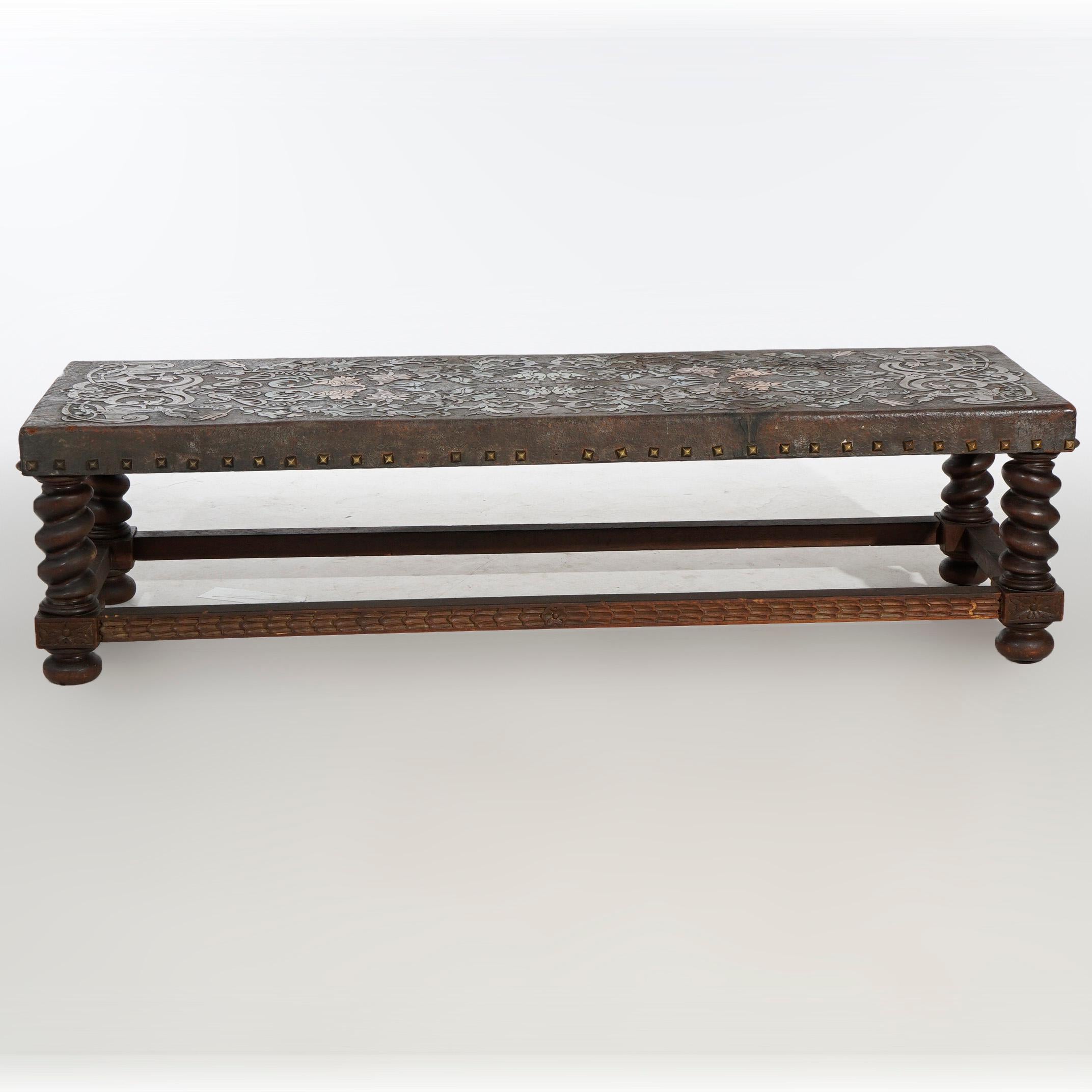 Antique Elizabethan Carved Oak & Tooled Leather Low Bench, Circa 1910 In Good Condition In Big Flats, NY